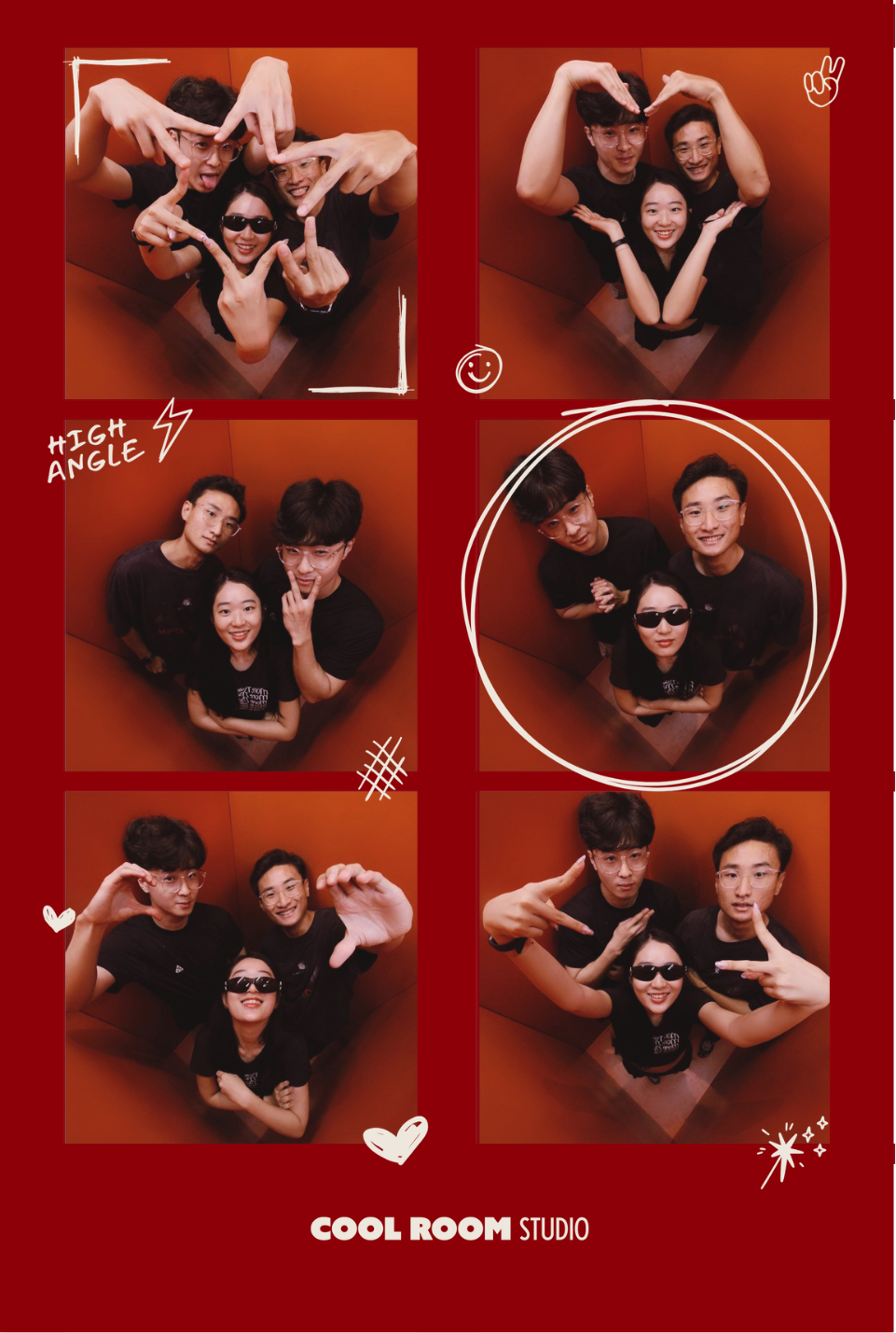 Small group of friends posing for a dynamic editorial photo in our Sydney high-angle photobooth.