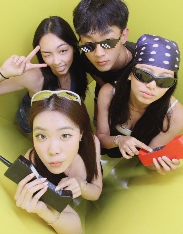 Small group of friends posing for a dynamic editorial photo in our Sydney high-angle photobooth.