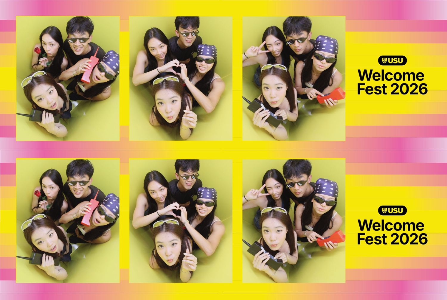 Small group of friends posing for a dynamic editorial photo in our Sydney high-angle photobooth at the USYD O-Week event.