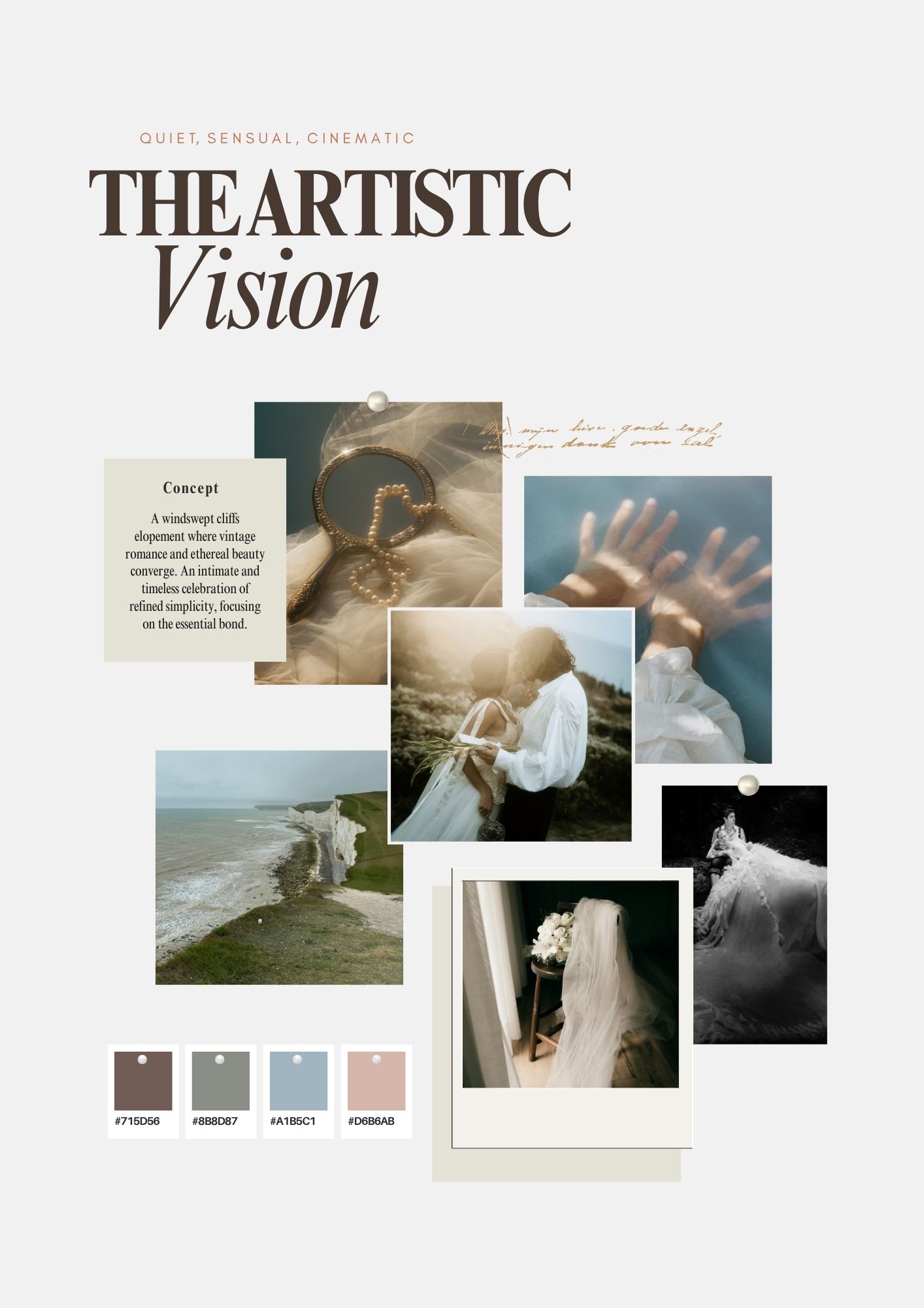 Artistic wedding mood board with cinematic film-style photos and earthy color palette.