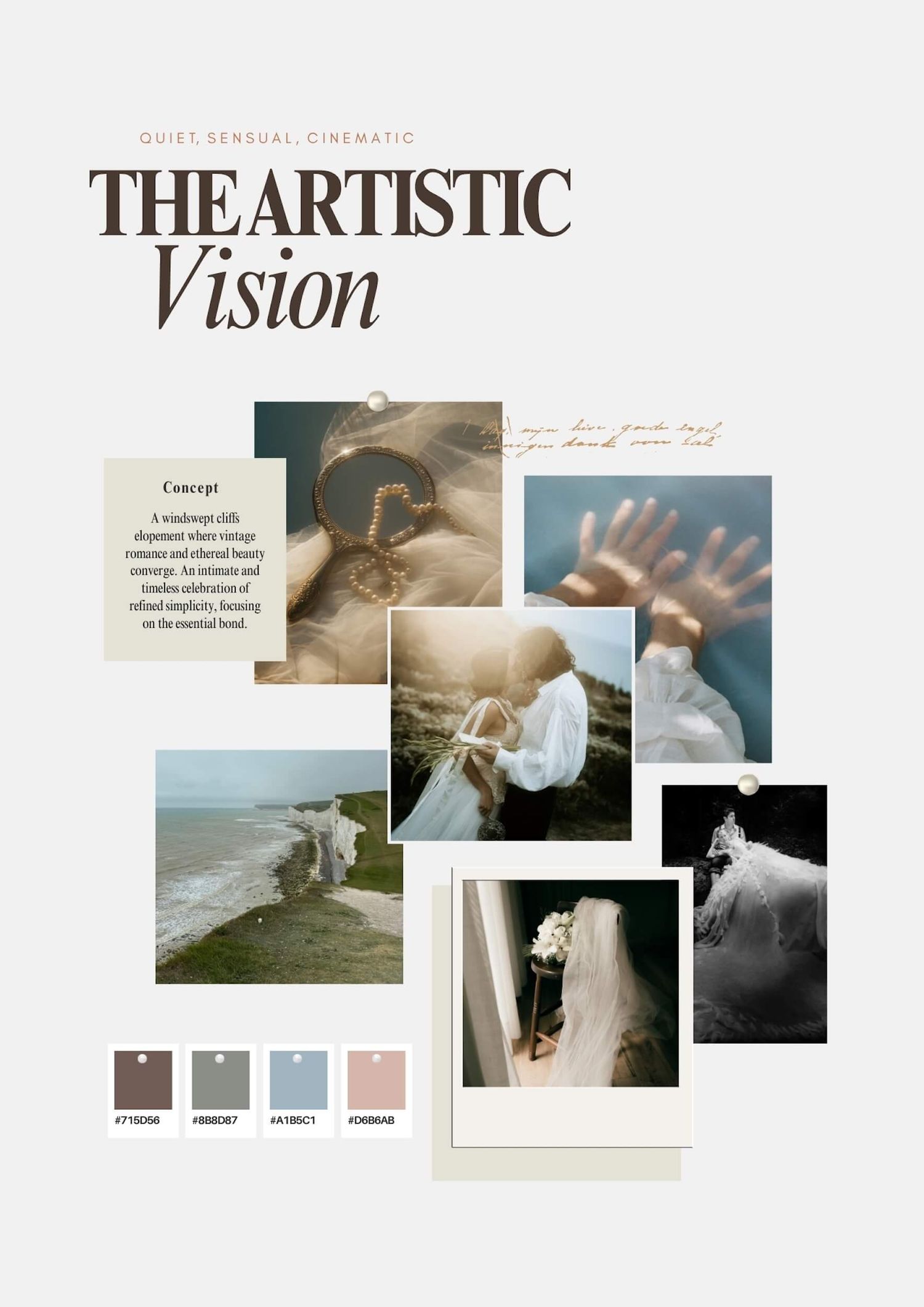 Artistic wedding mood board titled The Artistic Vision featuring cinematic bridal imagery.