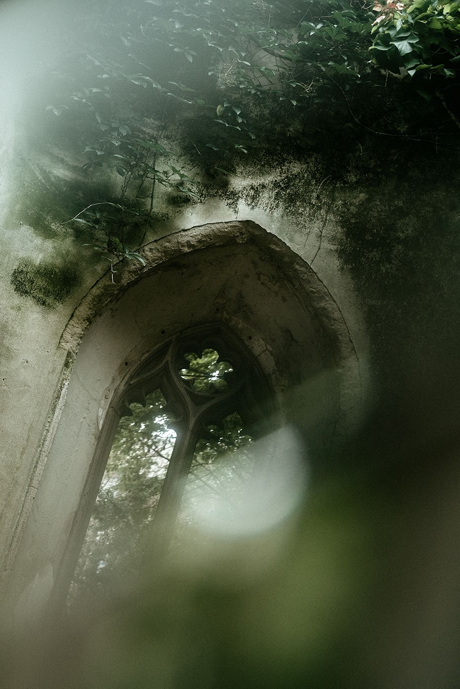 Overgrown Gothic stone arch ruin surrounded by lush green foliage in misty light.