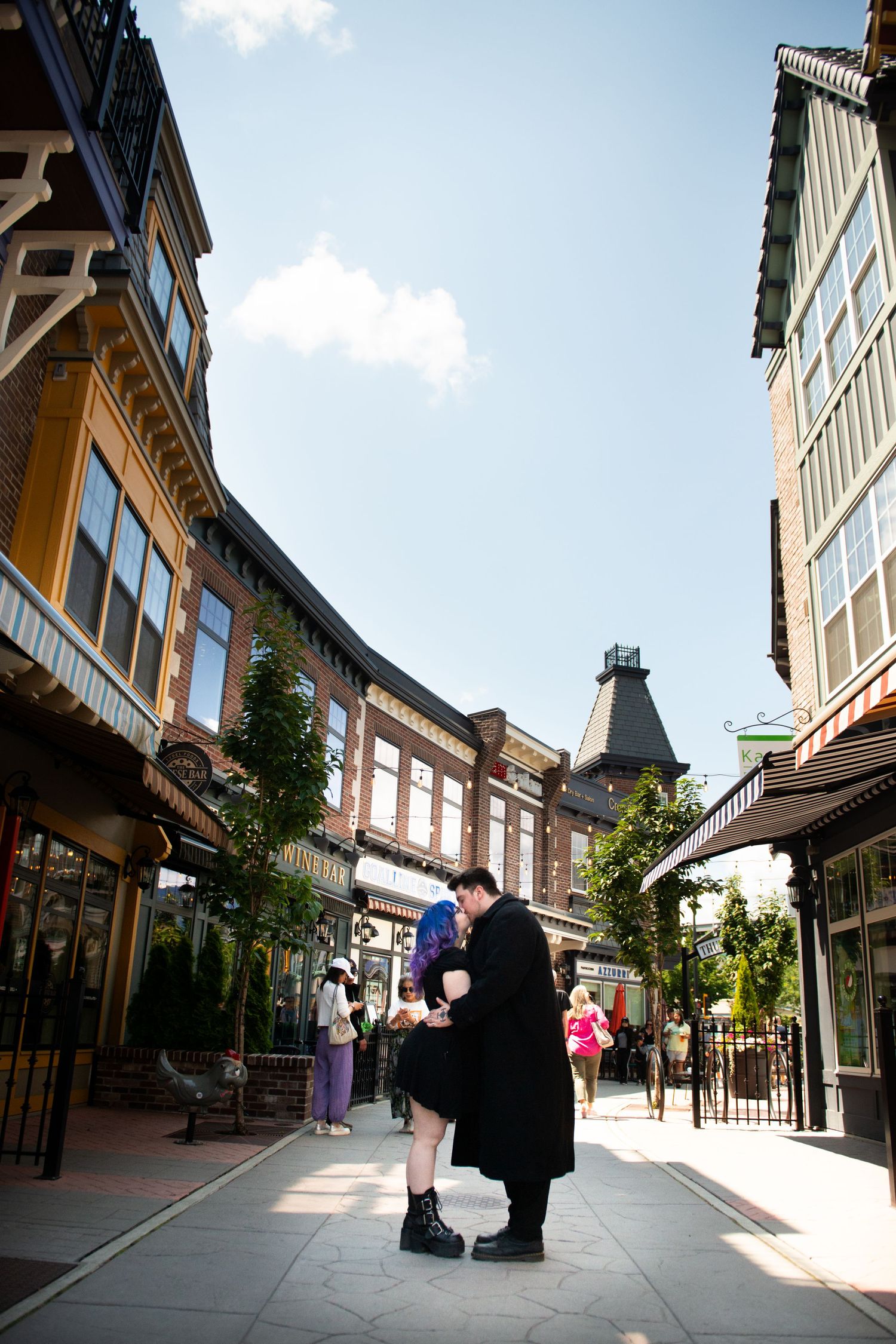 Couple sharing a quiet moment during an engagement session in District 1881, Chilliwack, British Columbia.