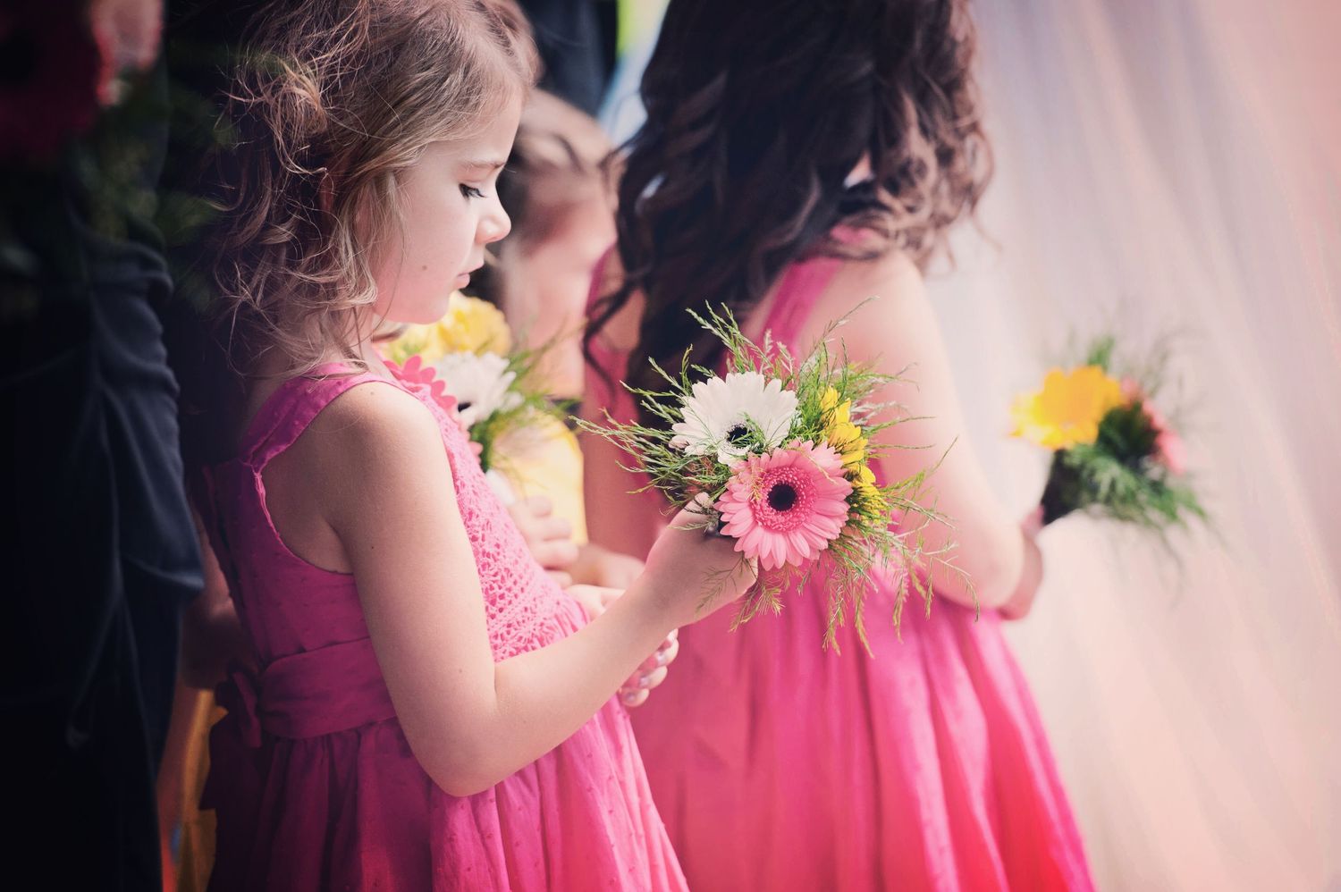 Young flower girls holding colourful gerbera daisy bouquets before a wedding ceremony in British Columbia.