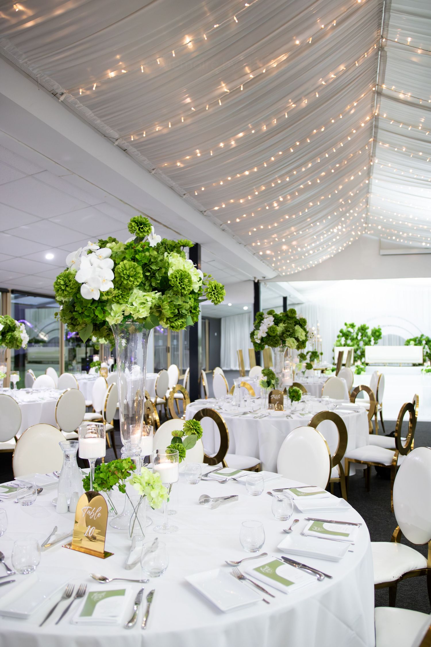 Elegant wedding reception venue with white tablecloths, green floral centerpieces, gold chairs, and fairy lights on draped ceiling.