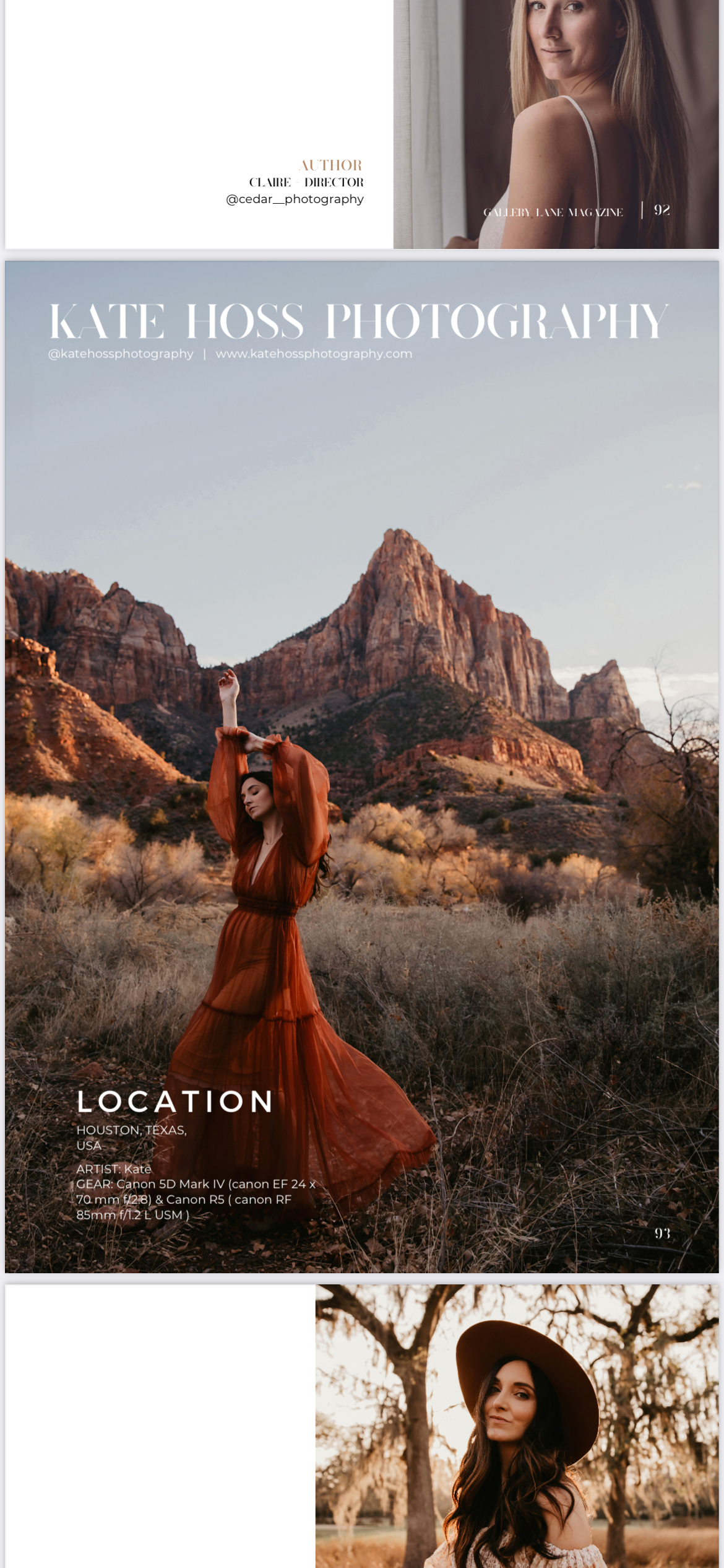 Lifestyle photography branding showing desert scenes and portraits in warm earth tones.