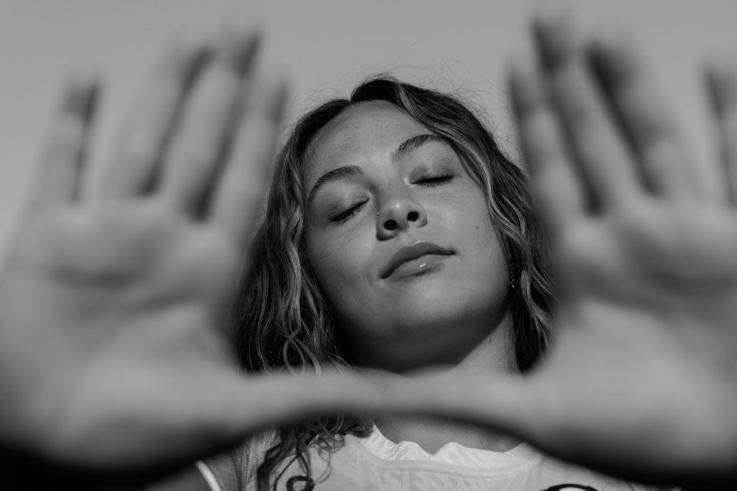 Personal branding portrait in black and white capturing expressive pose and identity for professional image and brand storytelling