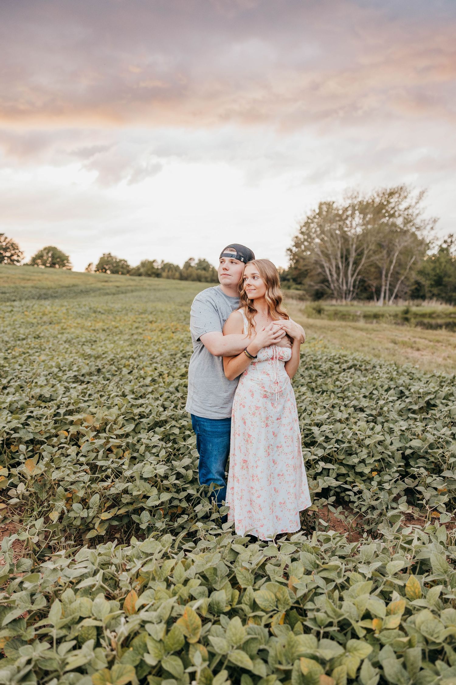 Romantic couple embraces in a lush green soybean field during golden hour sunset.