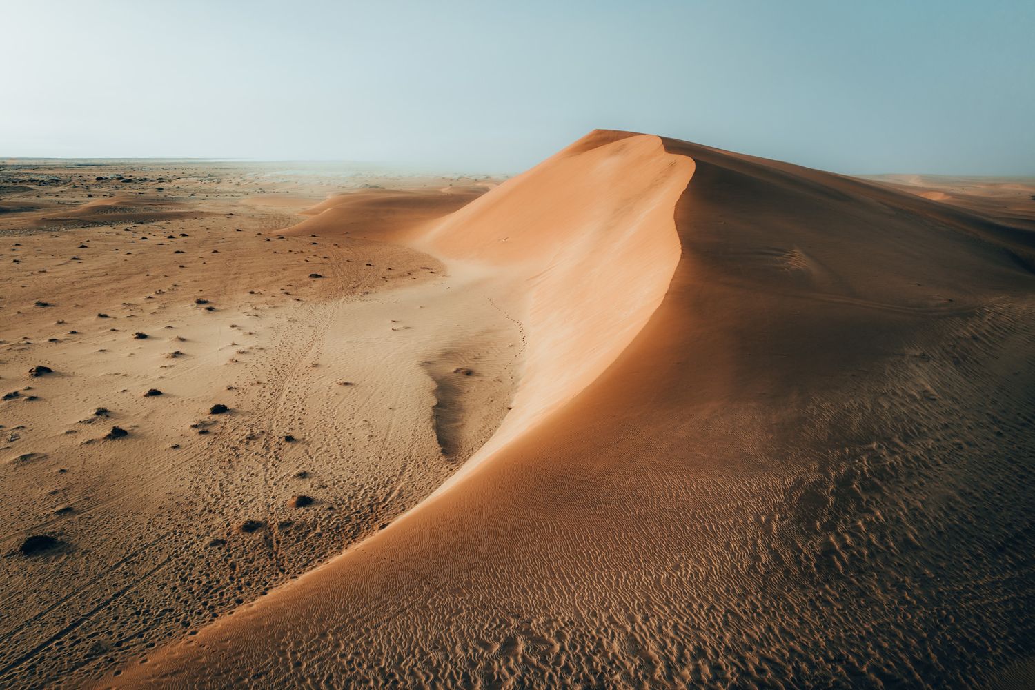 A golden sand dune rises against a soft blue sky in a vast desert landscape during late afternoon light.