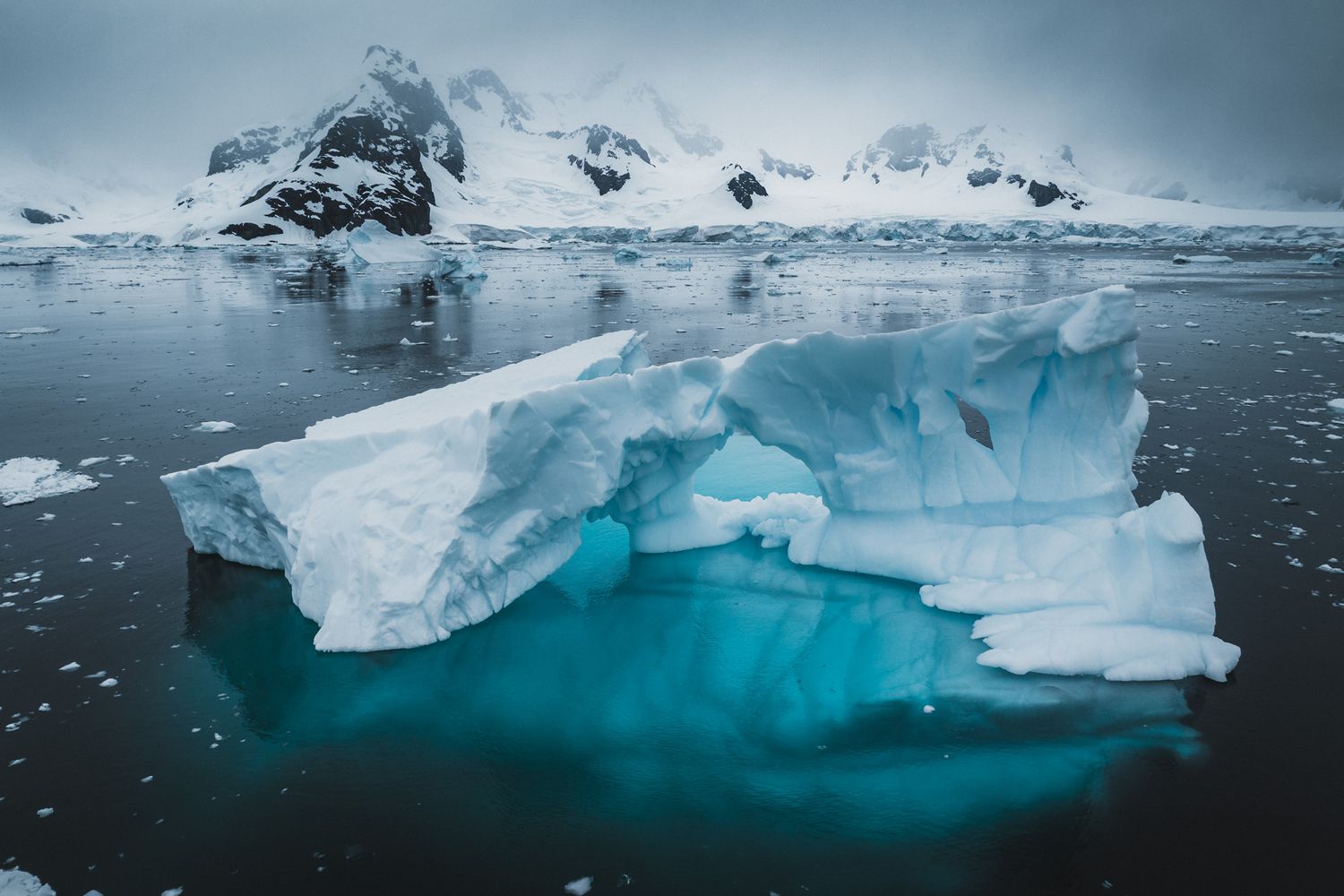 A stunning blue-tinted iceberg floats in Antarctic waters beneath snow-capped mountains and moody gray skies.
