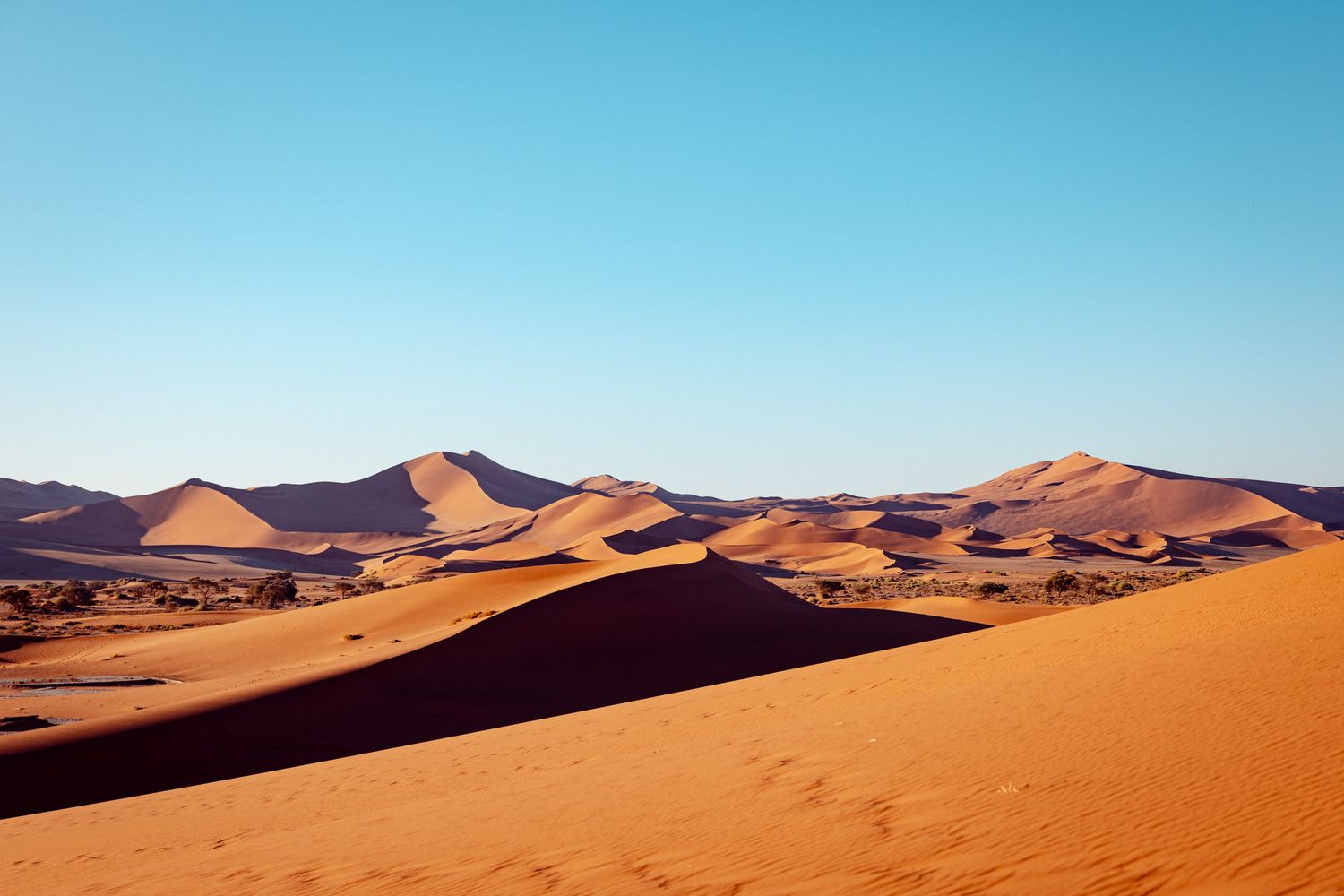 Vast orange sand dunes stretch across the Sahara Desert under clear blue skies with rolling hills in the distance.