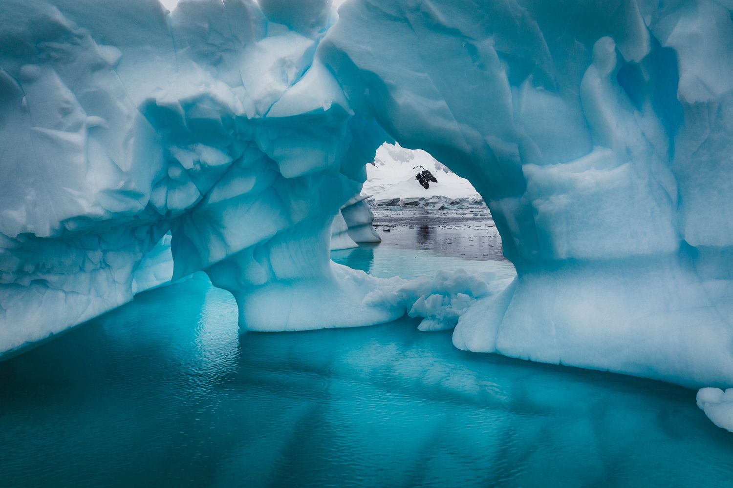A vibrant blue ice cave in Antarctica with frozen formations creating a natural arch over turquoise glacial waters.