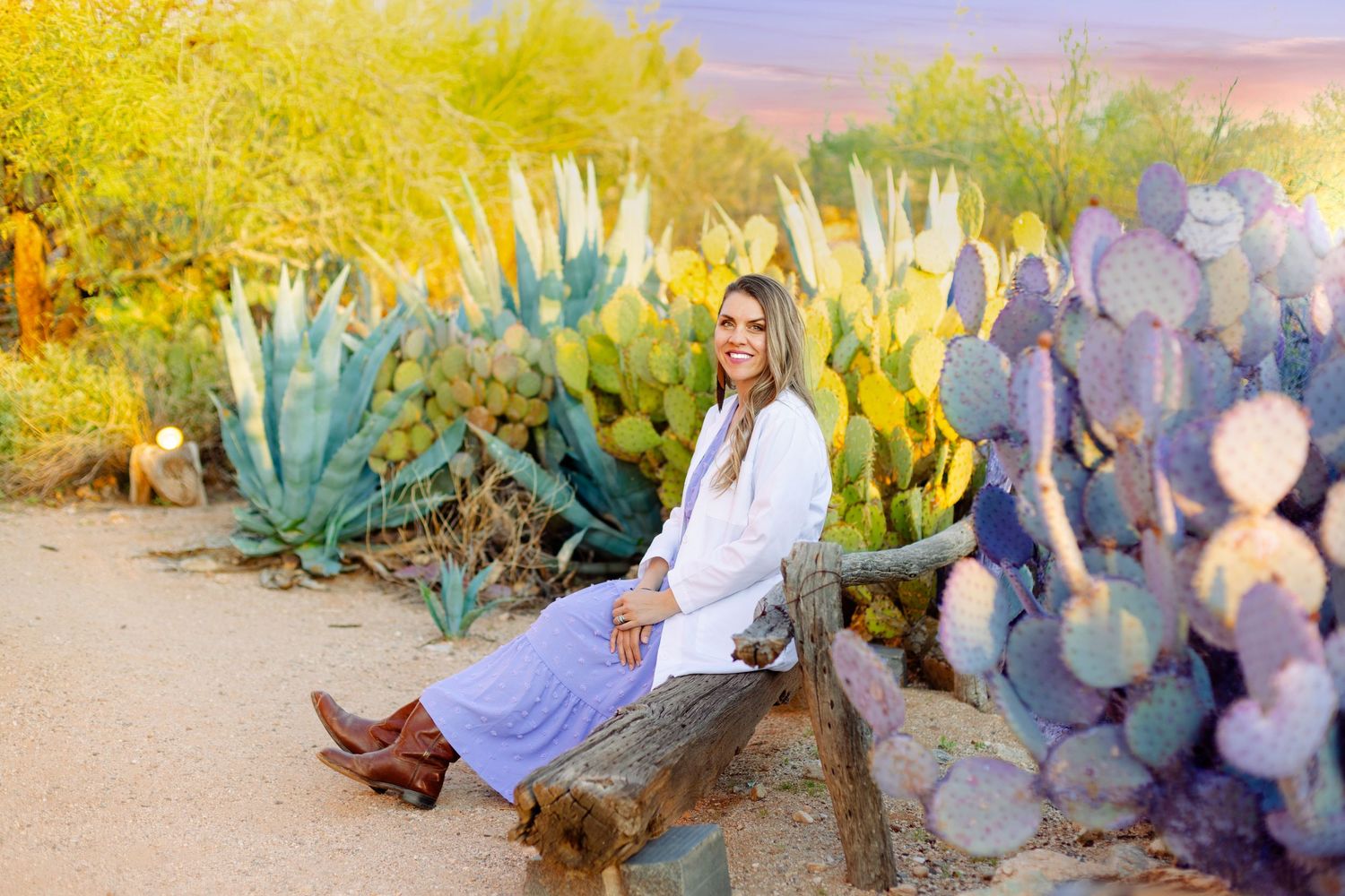 Desert garden portraits with vibrant yellow lighting and purple prickly pear cactus.