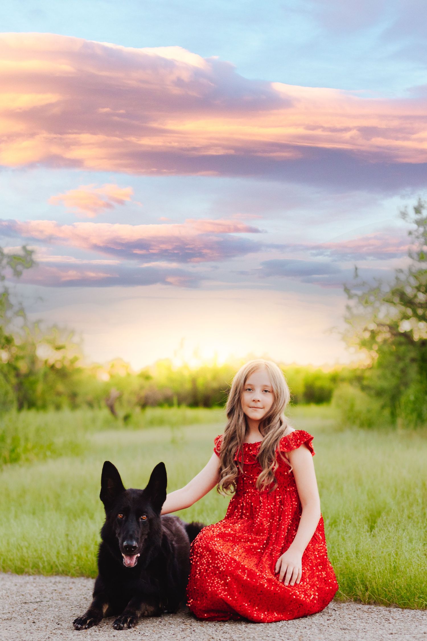 Red sequin dress portrait with two black dogs in field during sunset with pink clouds.