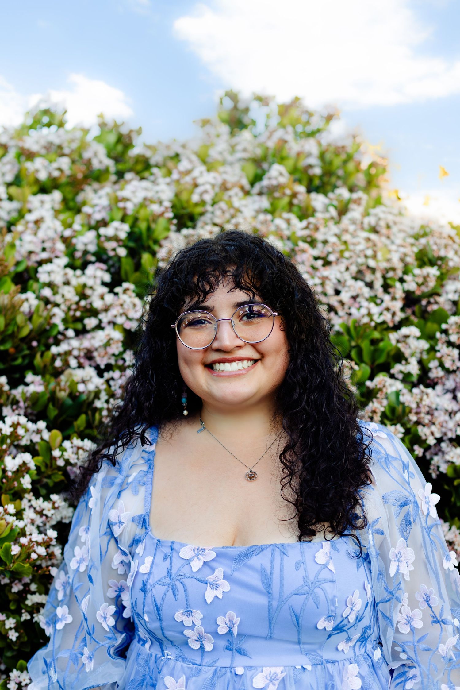 A spring portrait with white flowering bushes and blue sky in the background.