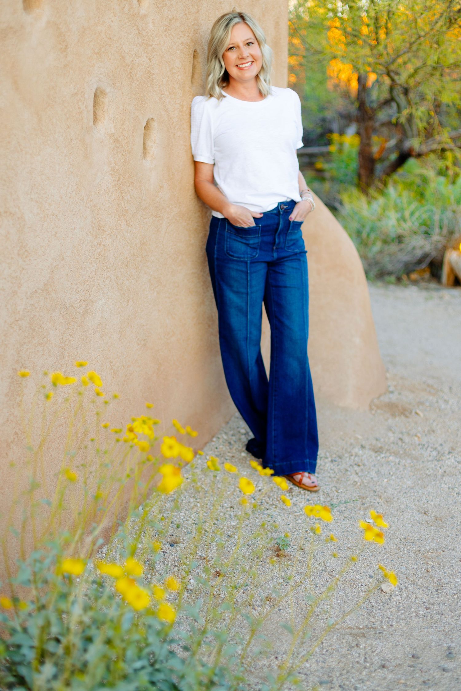 Desert landscape with yellow wildflowers and adobe wall backdrop in golden light.