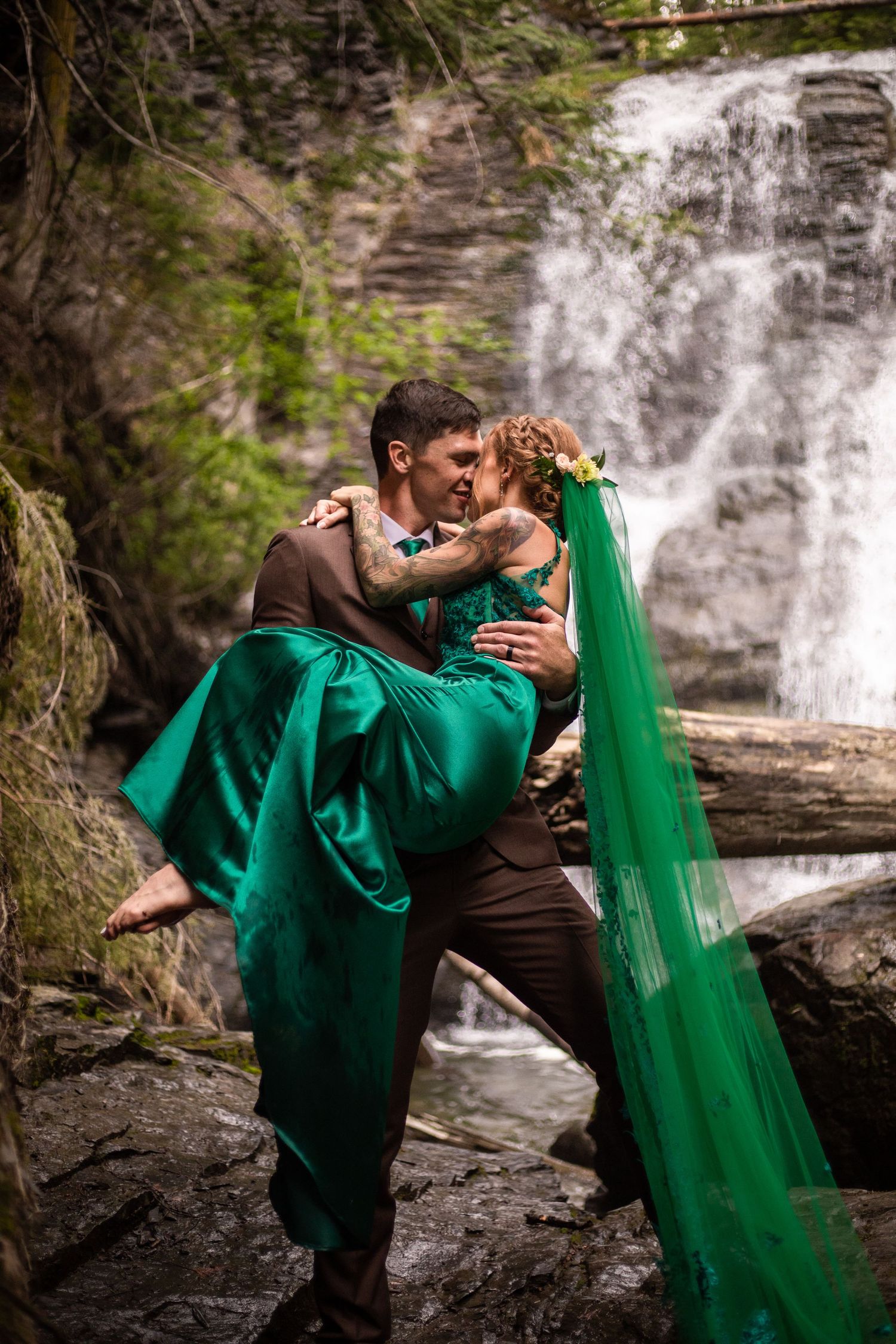 Elopement photo taken at Whitecroft Falls, near Sun Peaks BC.