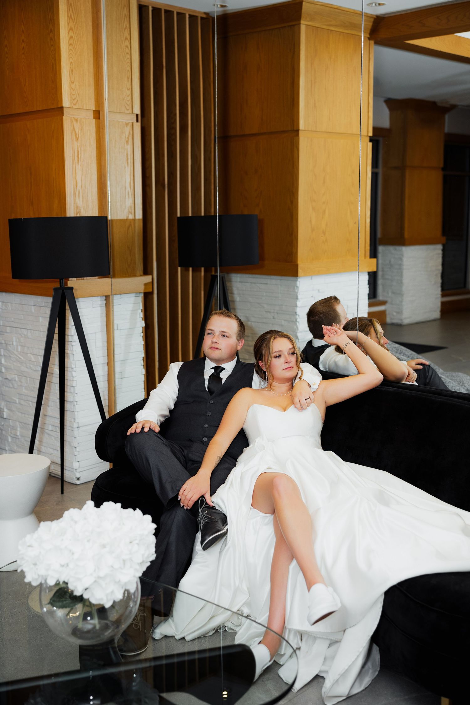 Luxury indoor wedding portrait of bride and groom at Watermark Beach Resort in Osoyoos, capturing intimate and stylish wedding photography.