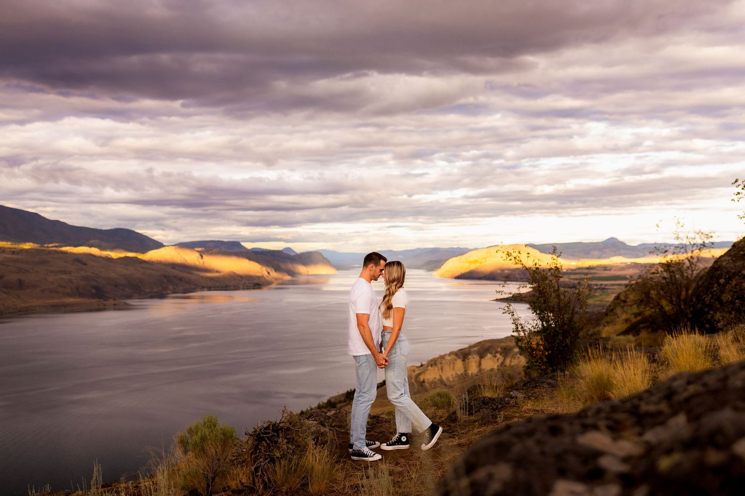 Engagement photo taken at the Kamloops Lake lookout and viewpoint on Six Mill Hill near Kamloops BC and Savona BC.