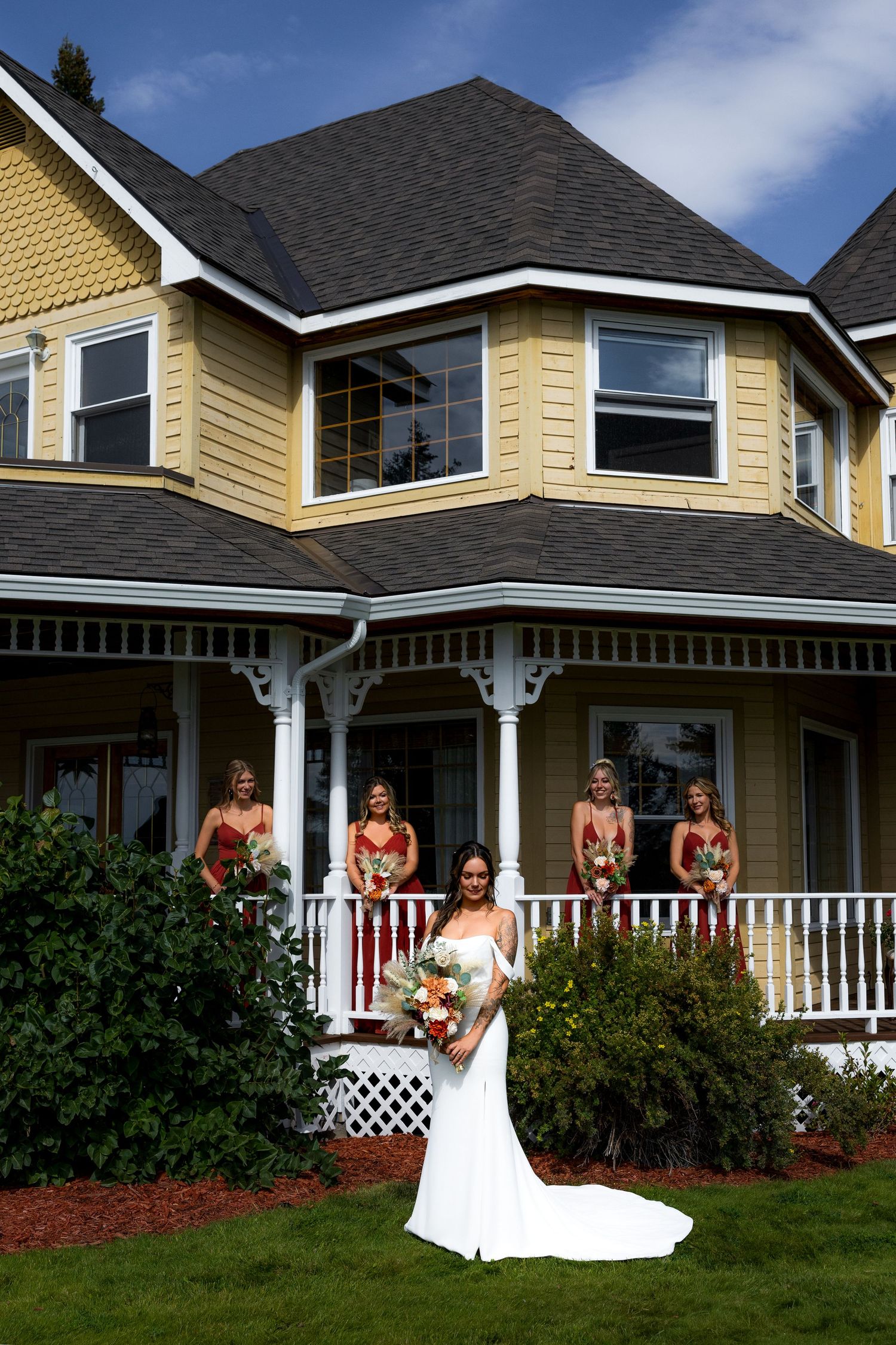 Luxury wedding photo of bride with bridesmaids, capturing joyful, stylish, and elegant group portraits for destination weddings.