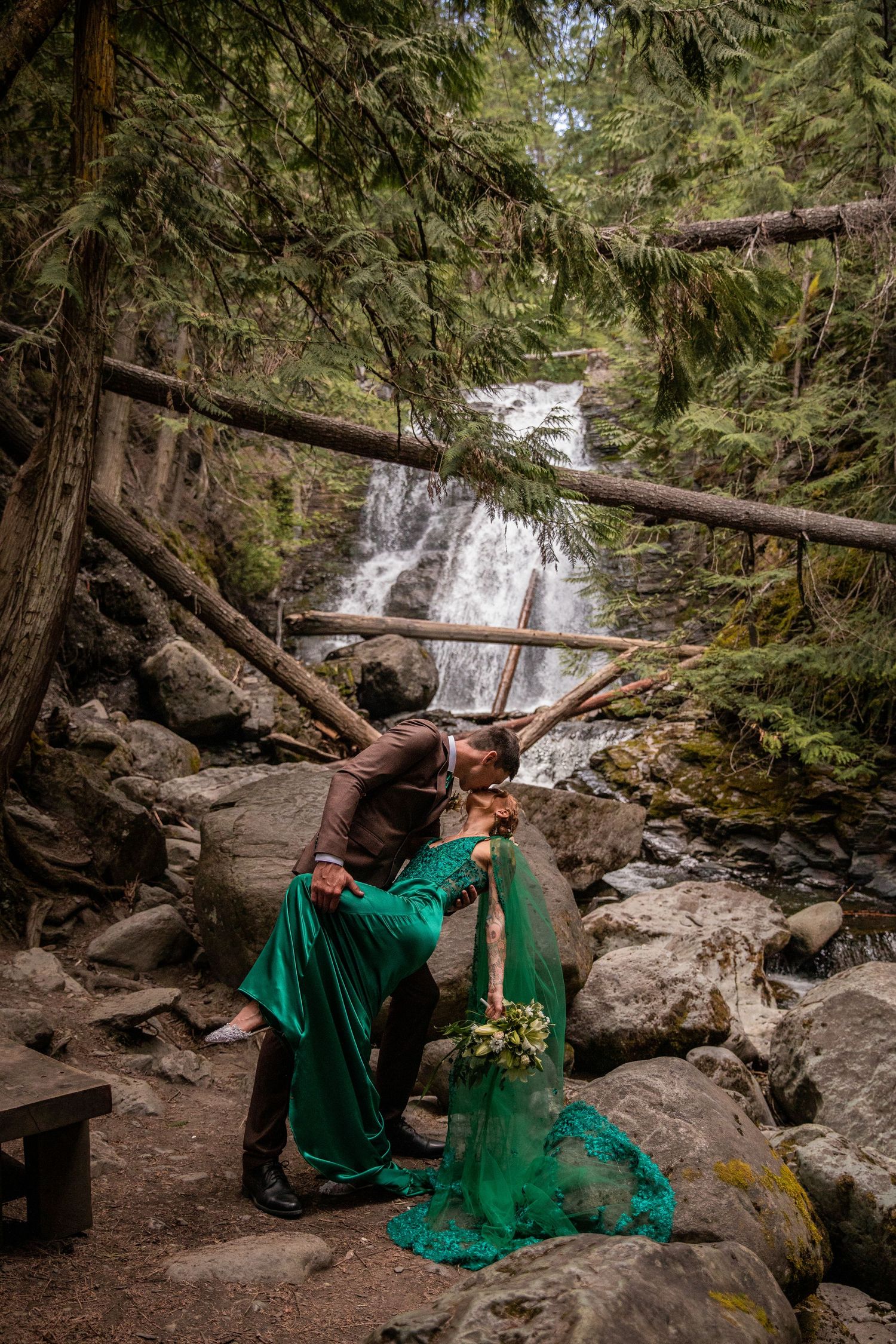 Elopement photo taken at Whitecroft Falls, near Sun Peaks BC.