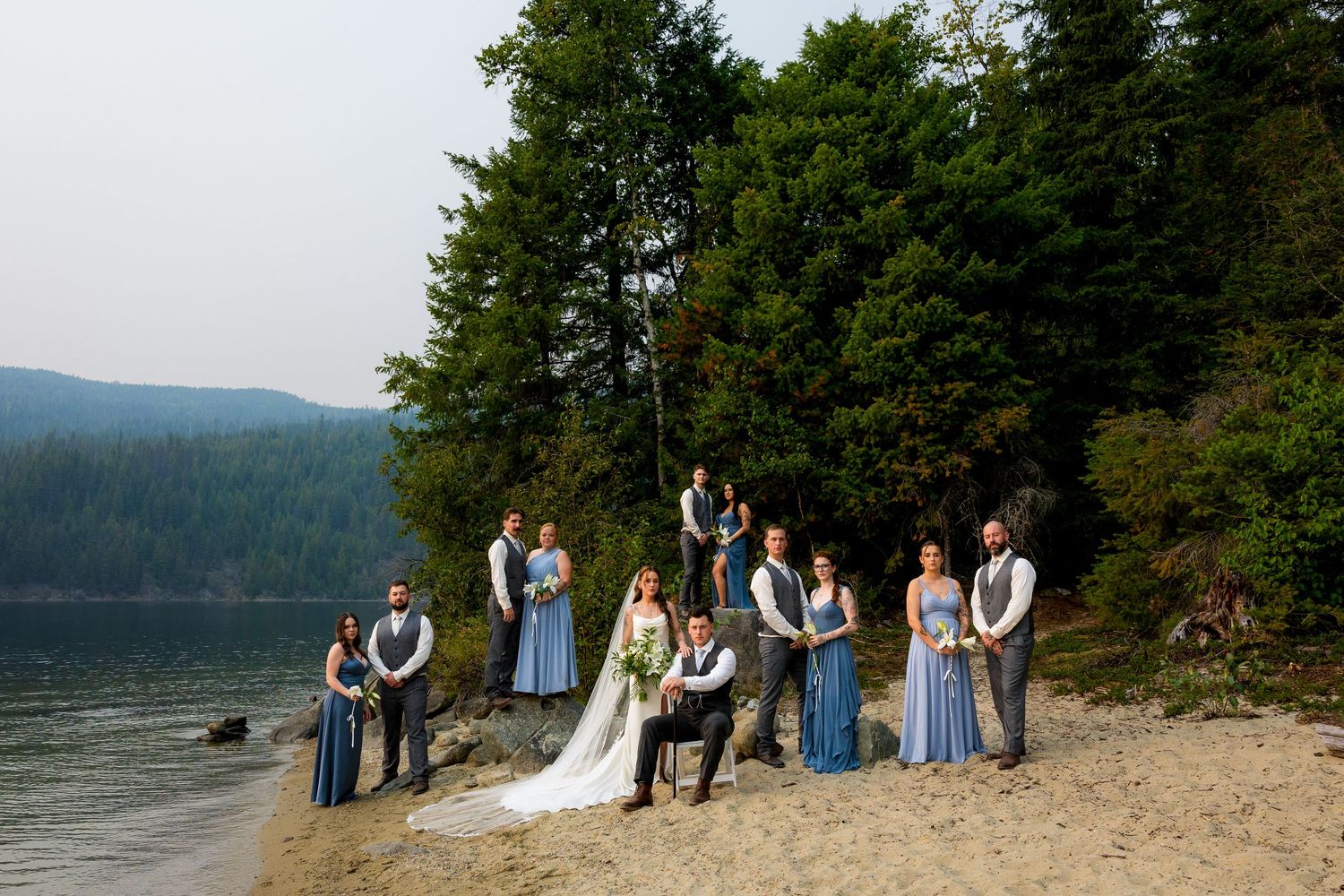 Editorial luxury bridal party photo on beach, capturing stylish, edgy, and vibrant destination wedding and group photography.