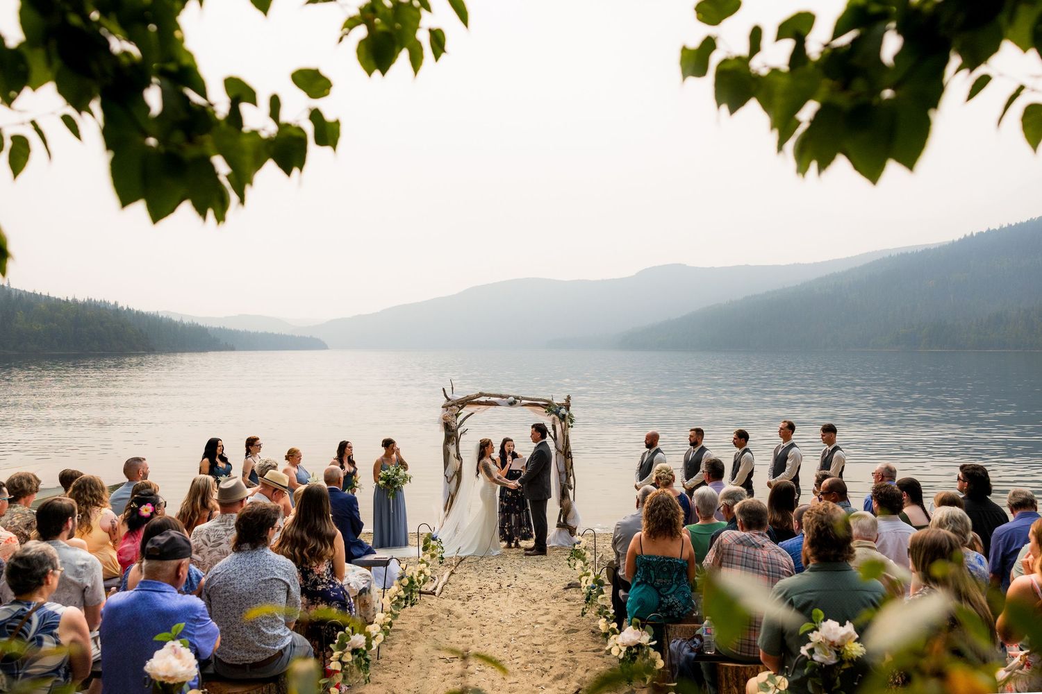 Luxury wide-angle wedding ceremony photo in British Columbia, capturing romantic, elegant, and stylish destination wedding photography.