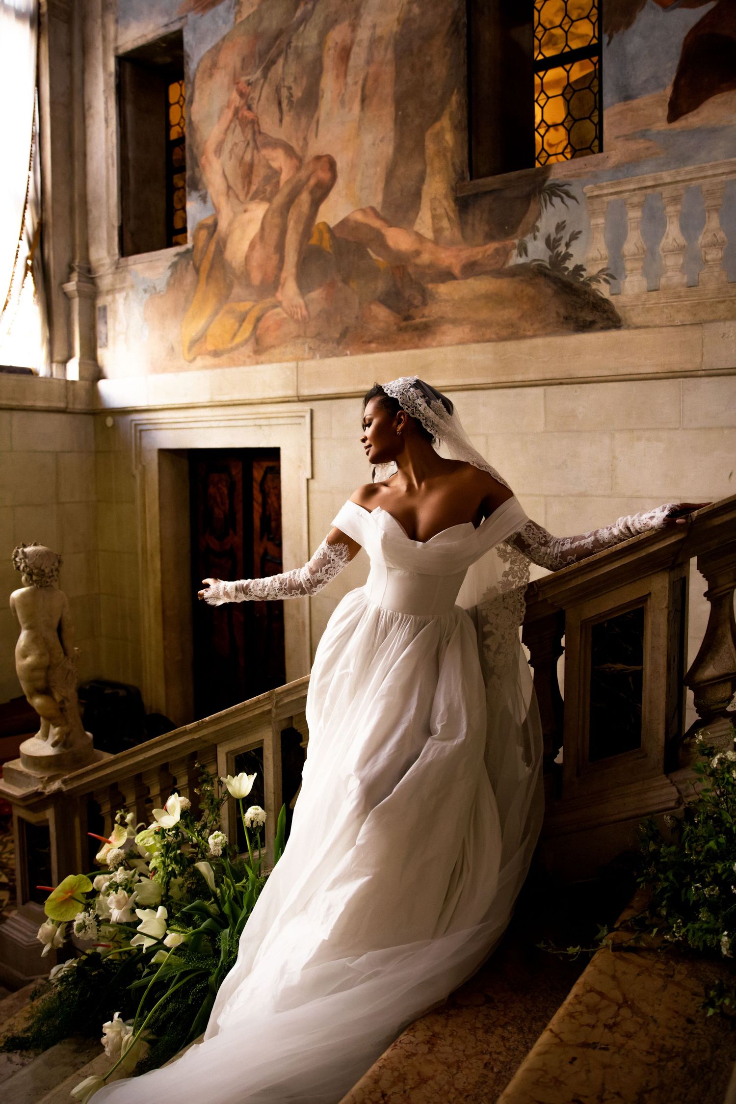 Elegant bridal portrait of bride at Ca’ Sagredo Hotel Venice, capturing moody, romantic, and luxurious destination wedding photography.