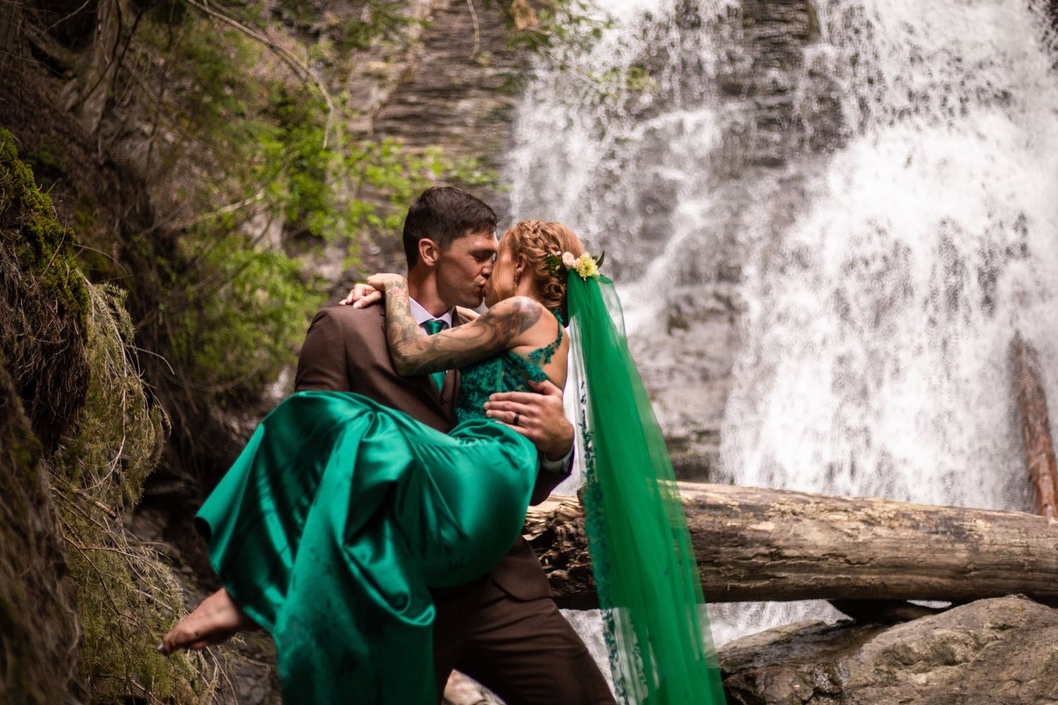 Elopement photo taken at Whitecroft Falls, near Sun Peaks BC.