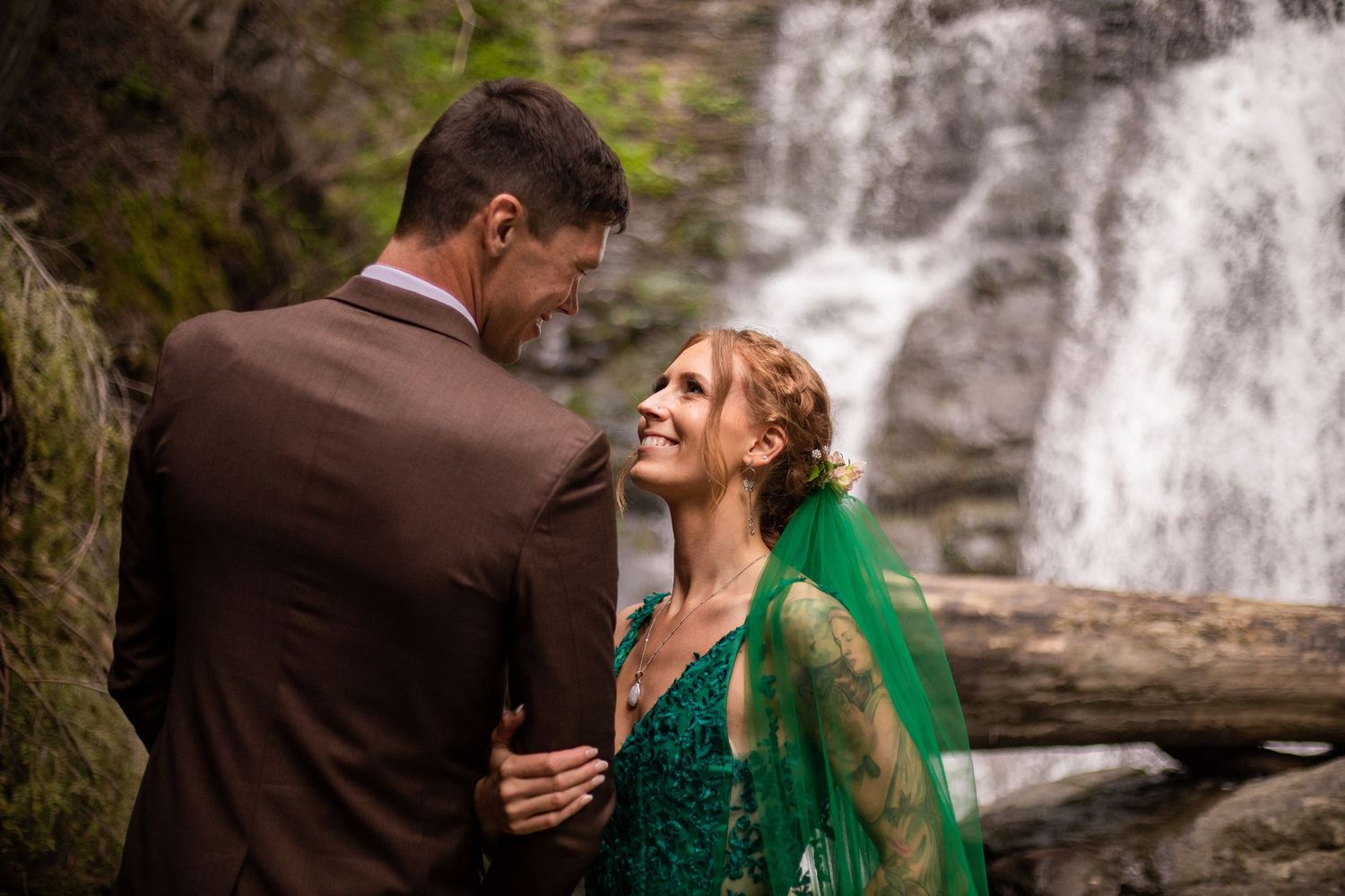 Elopement photo taken at Whitecroft Falls, near Sun Peaks BC.