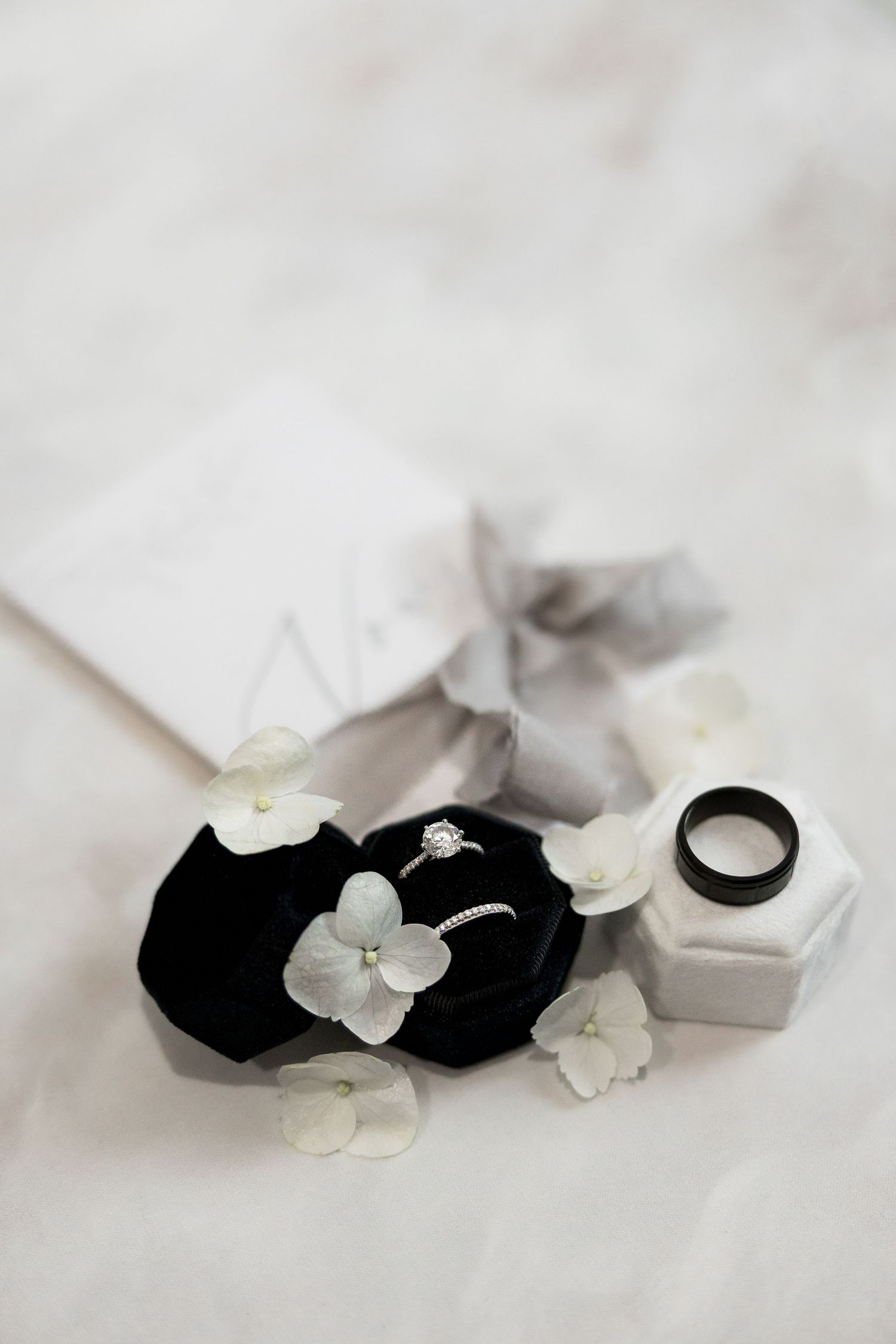Luxury flat lay wedding photo showcasing bride and groom rings with elegant florals, capturing stylish and detailed wedding photography.