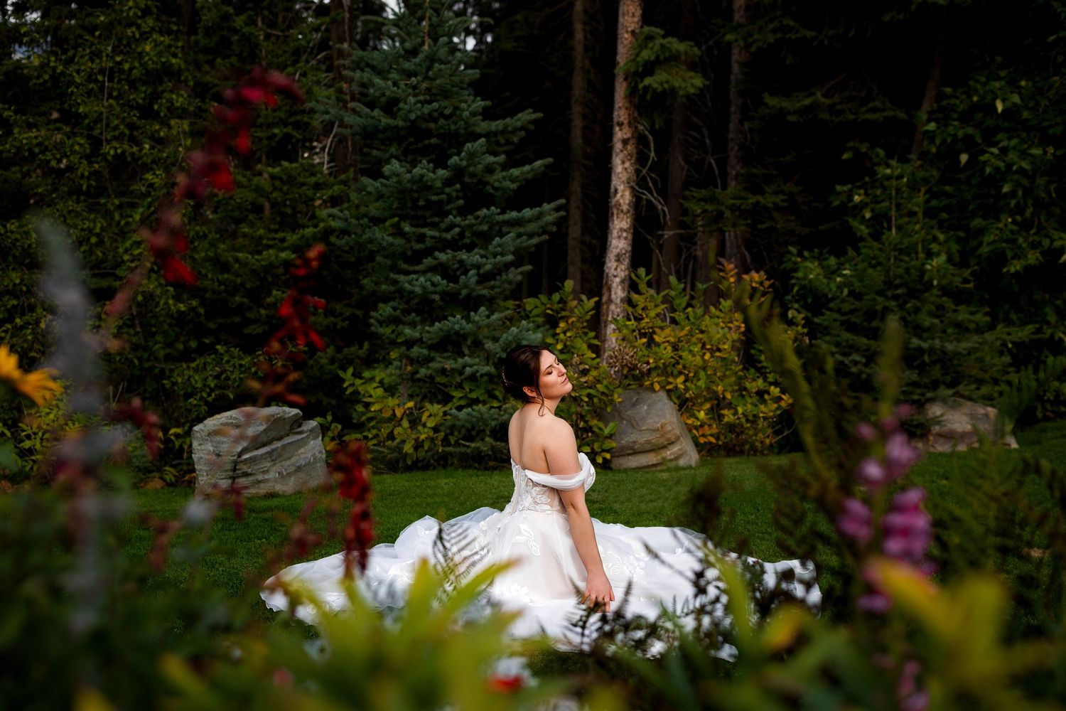 Bride portrait at Sun Peaks Resort, captured by a professional wedding photographer, highlighting elegant bridal style and stunning scenery.