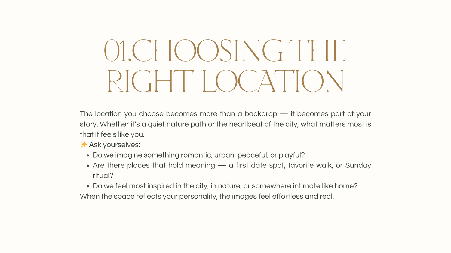 Text page showing section heading 'Choosing the Right Location' in elegant typography.