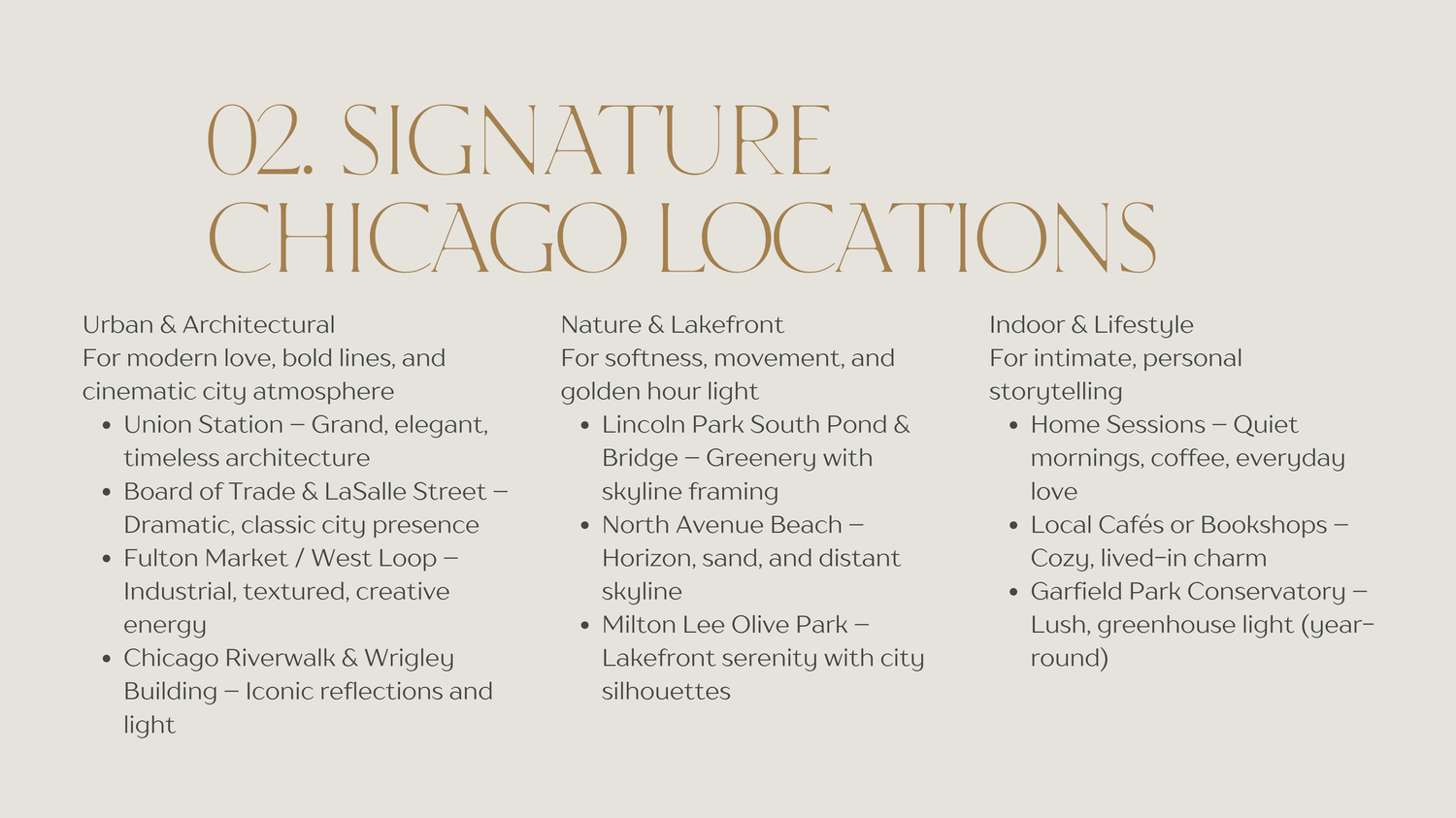 Clean typographic layout showing section headers and text columns in a neutral color scheme.