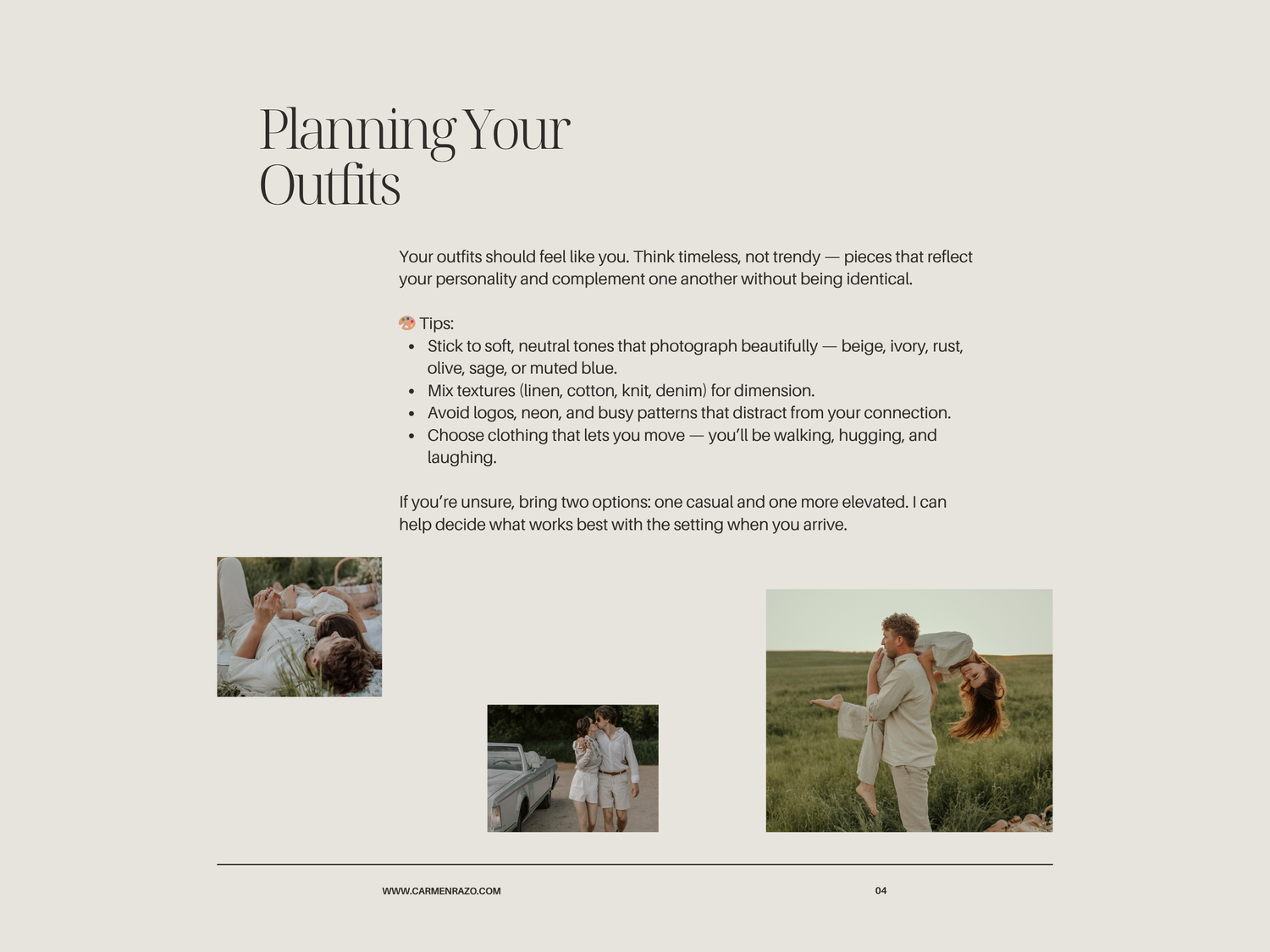 A series of blog post layouts showing planning outfits content with text and lifestyle imagery on a white background.