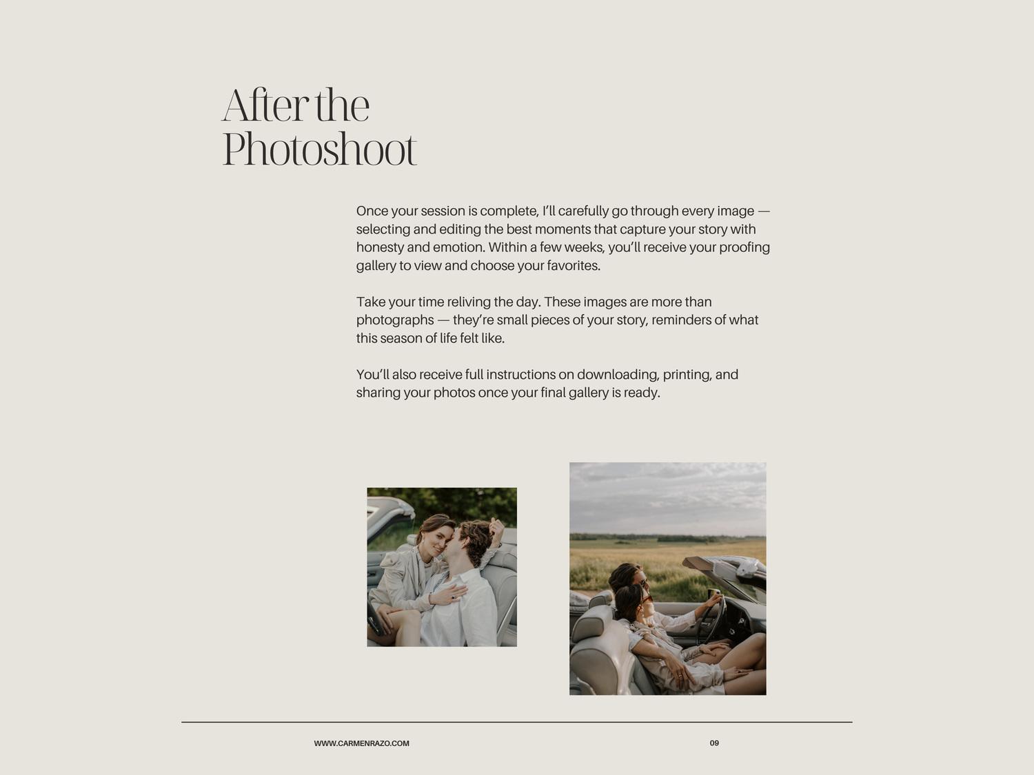 A minimalist white website layout with small thumbnail photos and text sections arranged in a clean grid format.