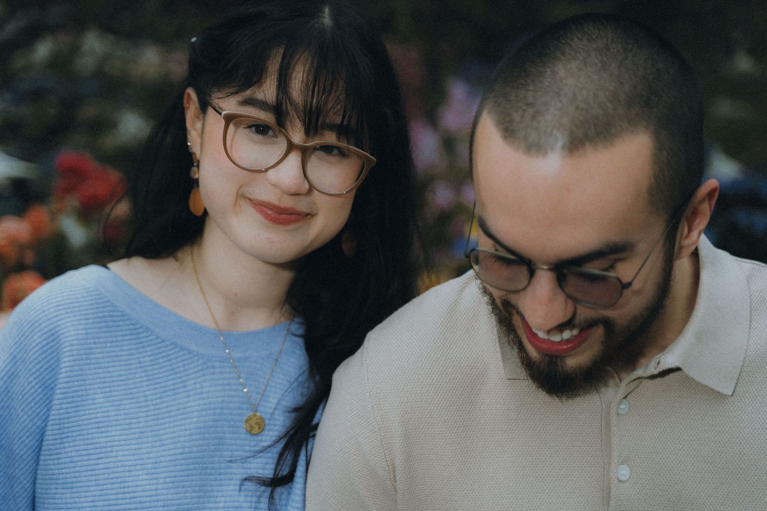 A couple in casual attire share intimate moments while laughing and embracing in a series of candid photos.