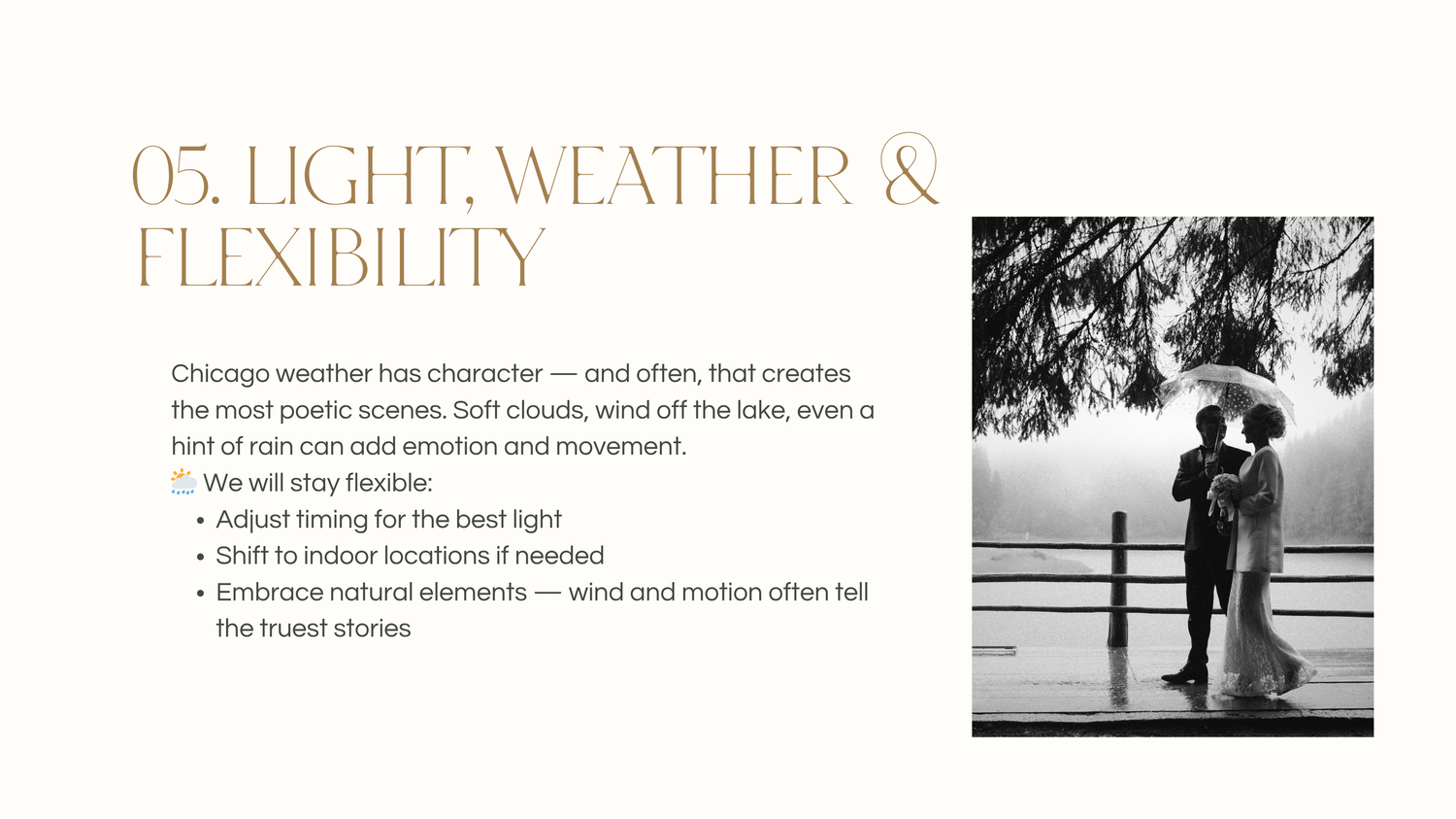 A minimalist page layout showing text and design elements for a weather and light photography guide.
