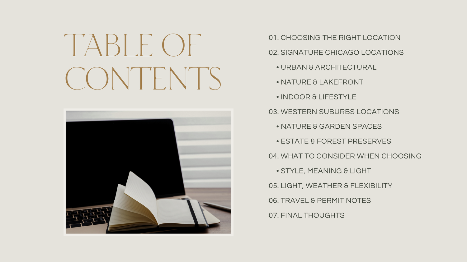 Minimalist table of contents page with elegant typography and chapter headings in beige and black colors.