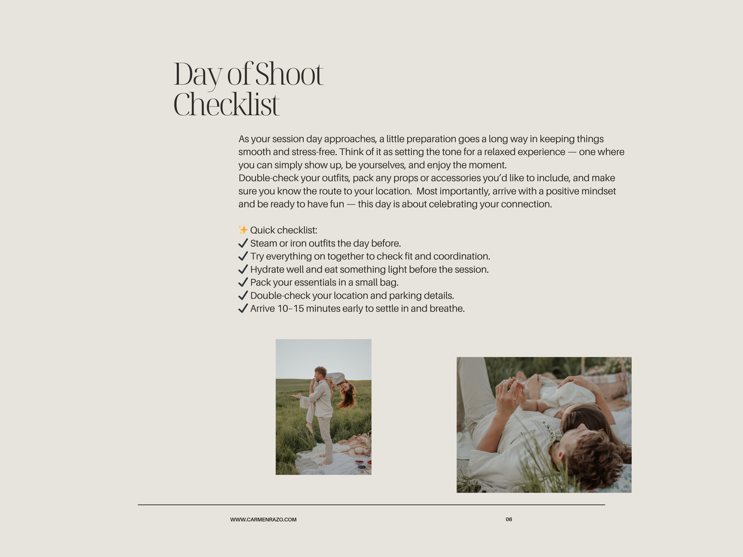 A minimalist photography checklist layout with two soft, muted images and text on a beige background.