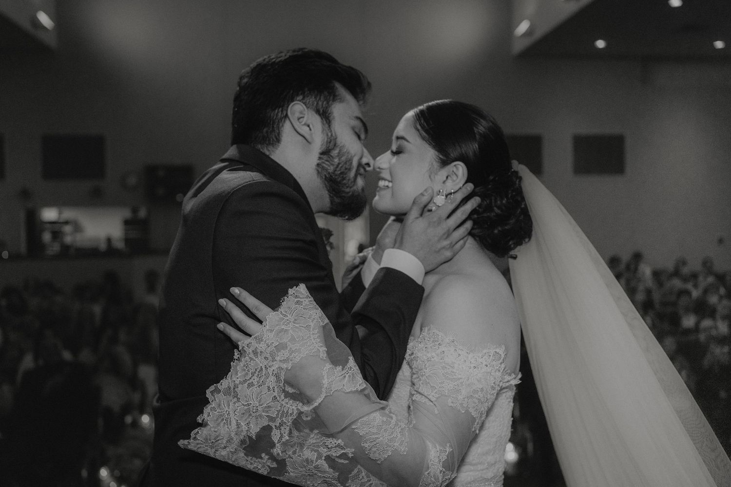 A romantic collection of wedding photos showing couples sharing intimate kisses during their special celebrations.
