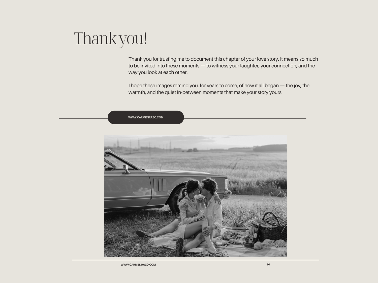 Black and white photography website footer showing a landscape photo and minimal text layout.