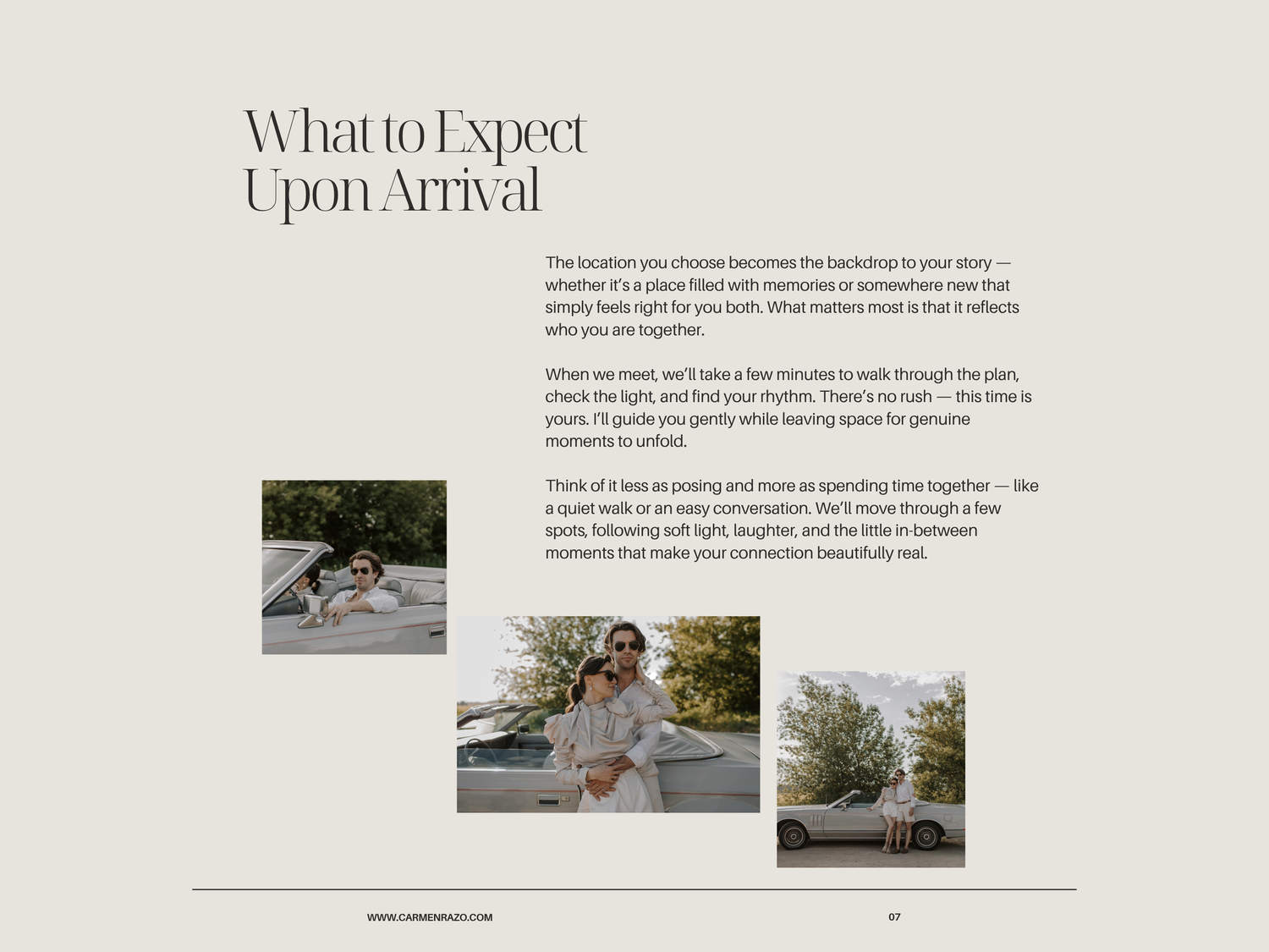 A minimalist magazine spread layout with text and small photographs arranged on white pages.