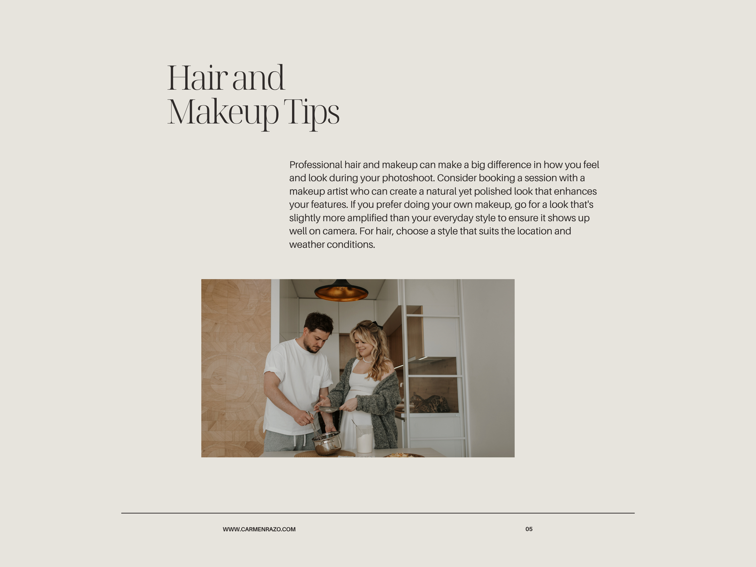 A minimal blog layout featuring hair and makeup tips with clean typography and muted beige tones.