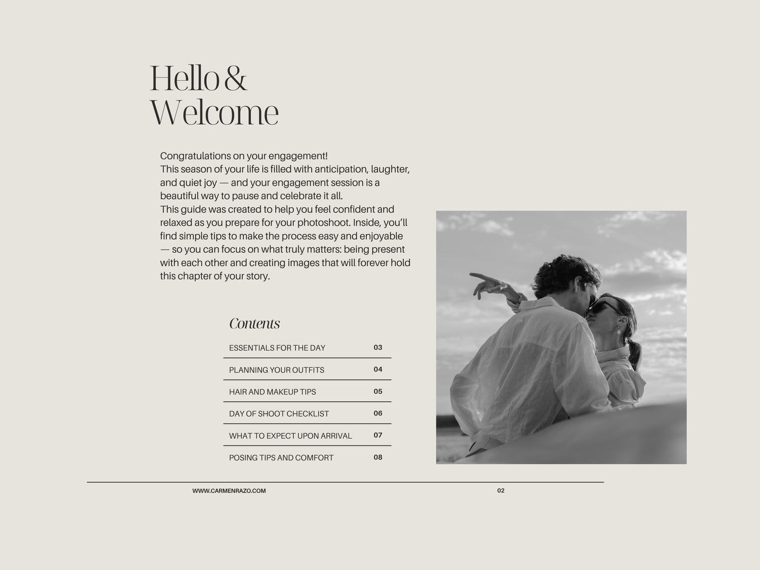 Minimalist white book or magazine layout with text and a black and white photograph on the right page.