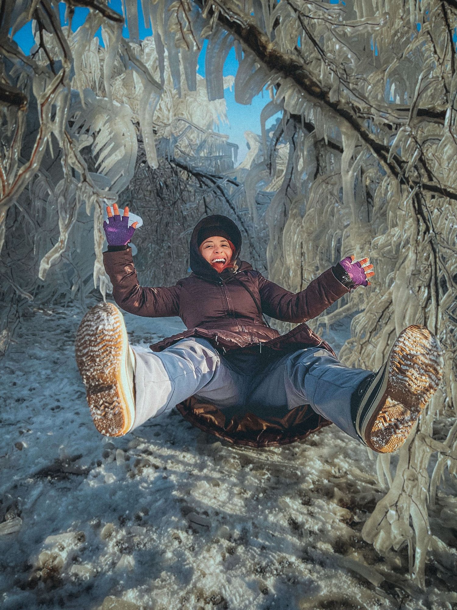 A winter scene shows someone joyfully sliding in the snow beneath icy branches against a bright blue sky background.
