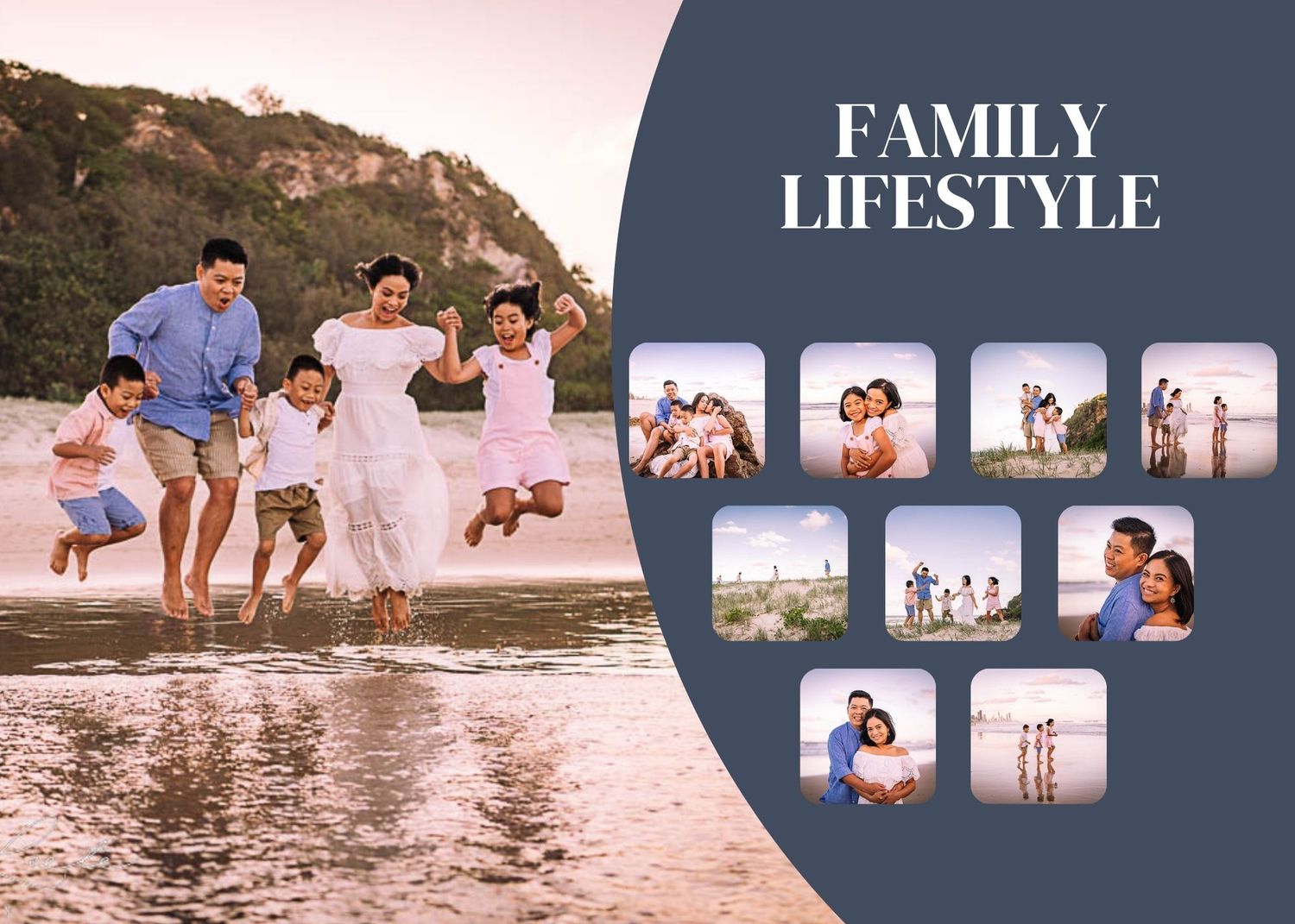 A family splashes and plays together in shallow water at the beach during sunset creating joyful vacation memories.