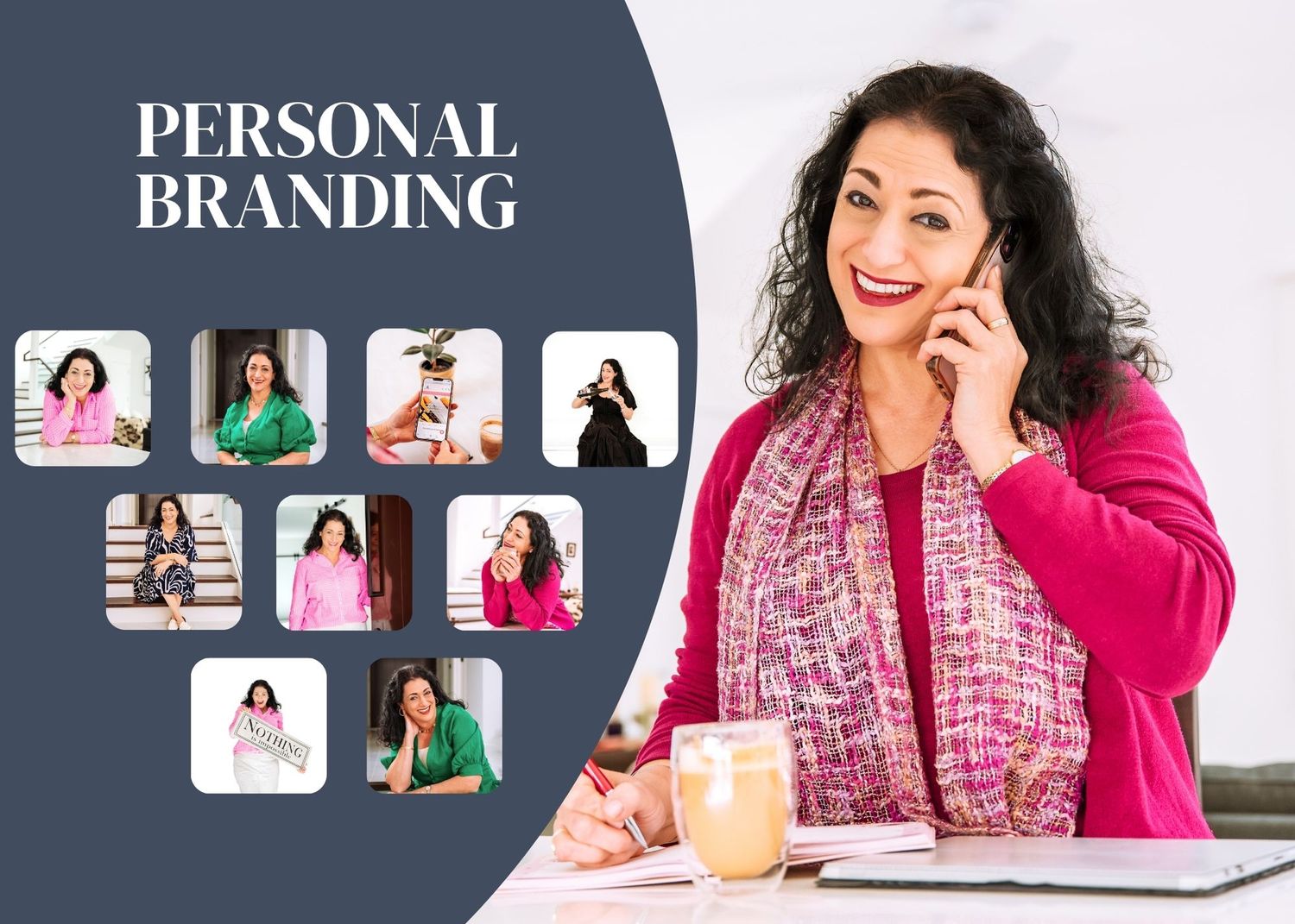 Professional social media content grid featuring personal branding photography with pink and navy color scheme.