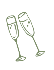 Two sage green champagne flute glasses clinking together, hand-drawn doodle style illustration on white background.