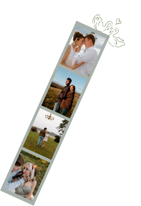 A romantic photo strip collage featuring couples in outdoor settings, including a wedding embrace and playful field moments.